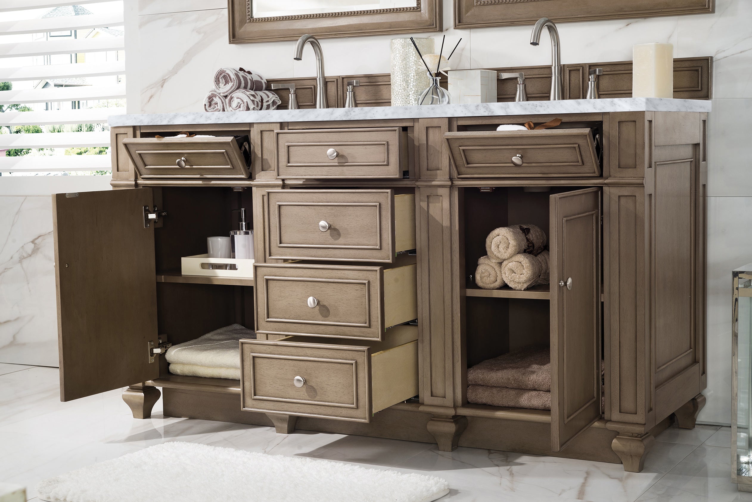James Martin Bristol 60" Double Vanity in Whitewashed Walnut with 3cm Countertop