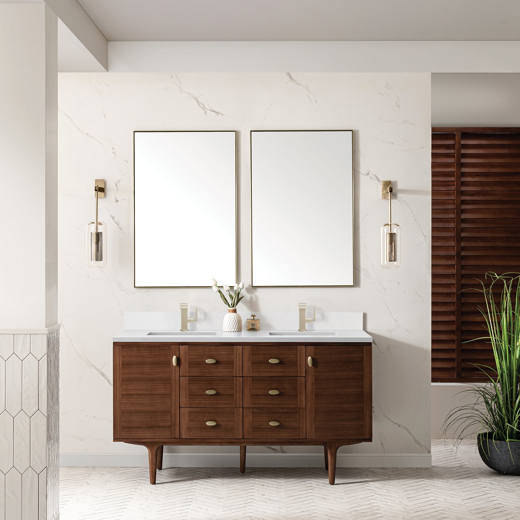James Martin Amberly 60" Double Vanity in Mid-Century Walnut with 3cm Countertop