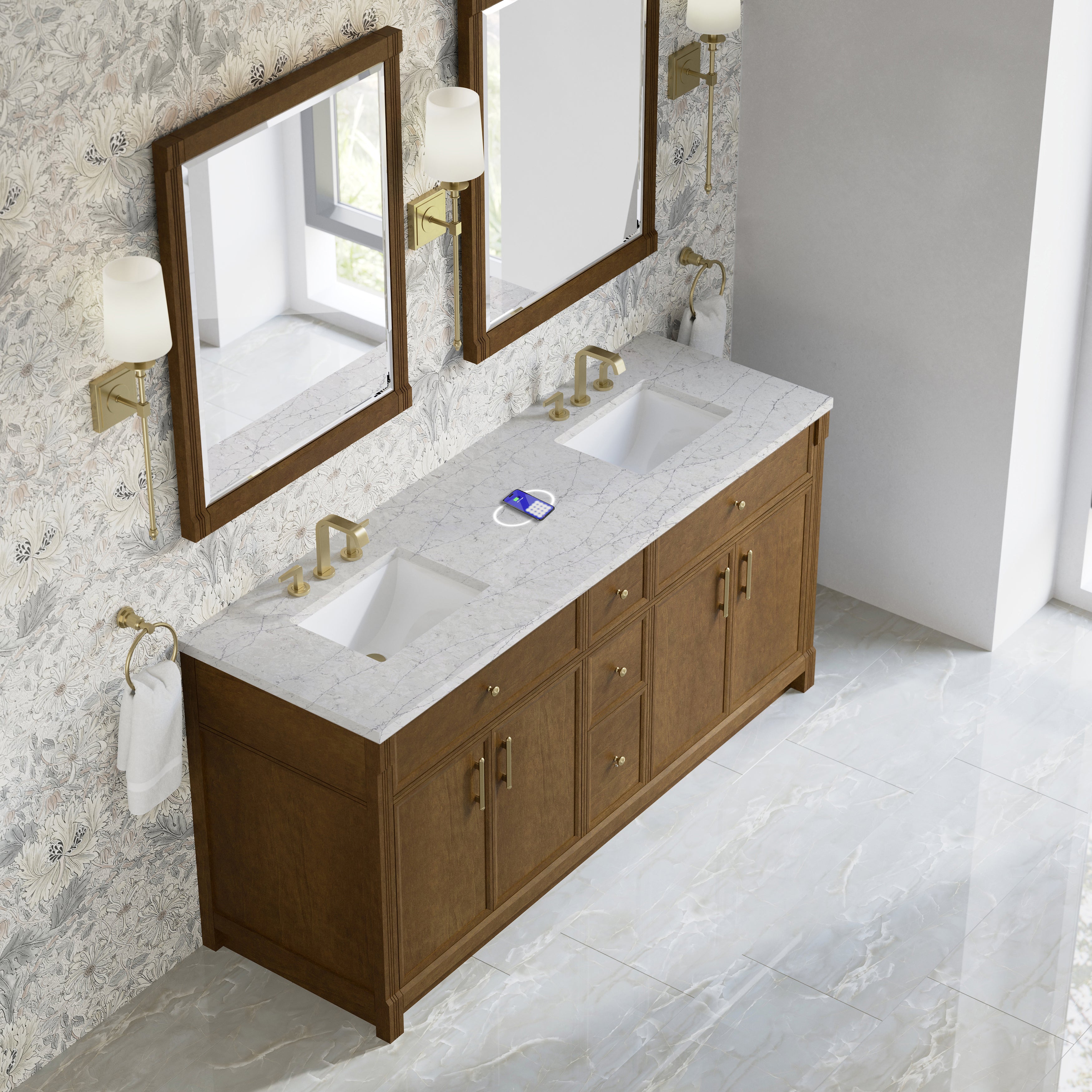 James Martin Bellshire 72" Double Vanity in Honey Oak with 3cm Countertop and FreePower Wireless Charger