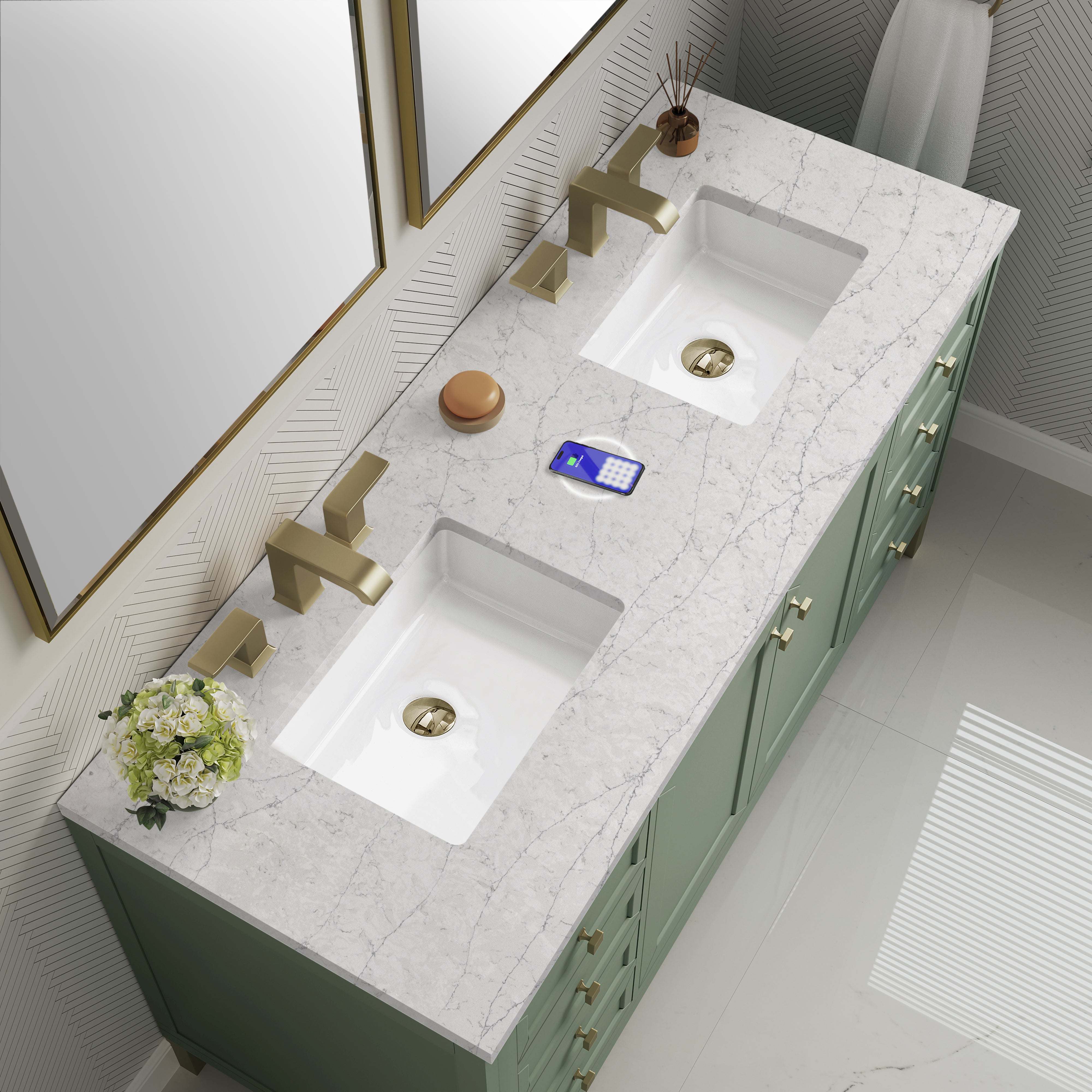 James Martin Chicago 60" Double Vanity in Smokey Celadon with 3cm Countertop and FreePower Wireless Charger