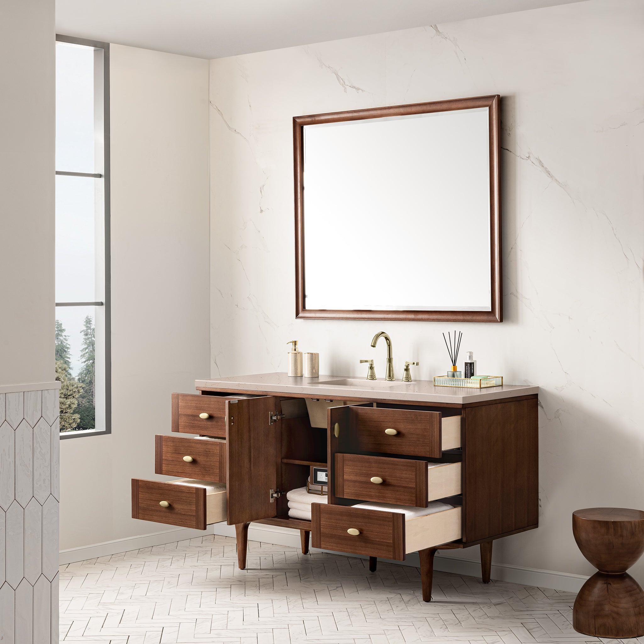 James Martin Amberly 60" Single Vanity in Mid-Century Walnut with 3cm Countertop