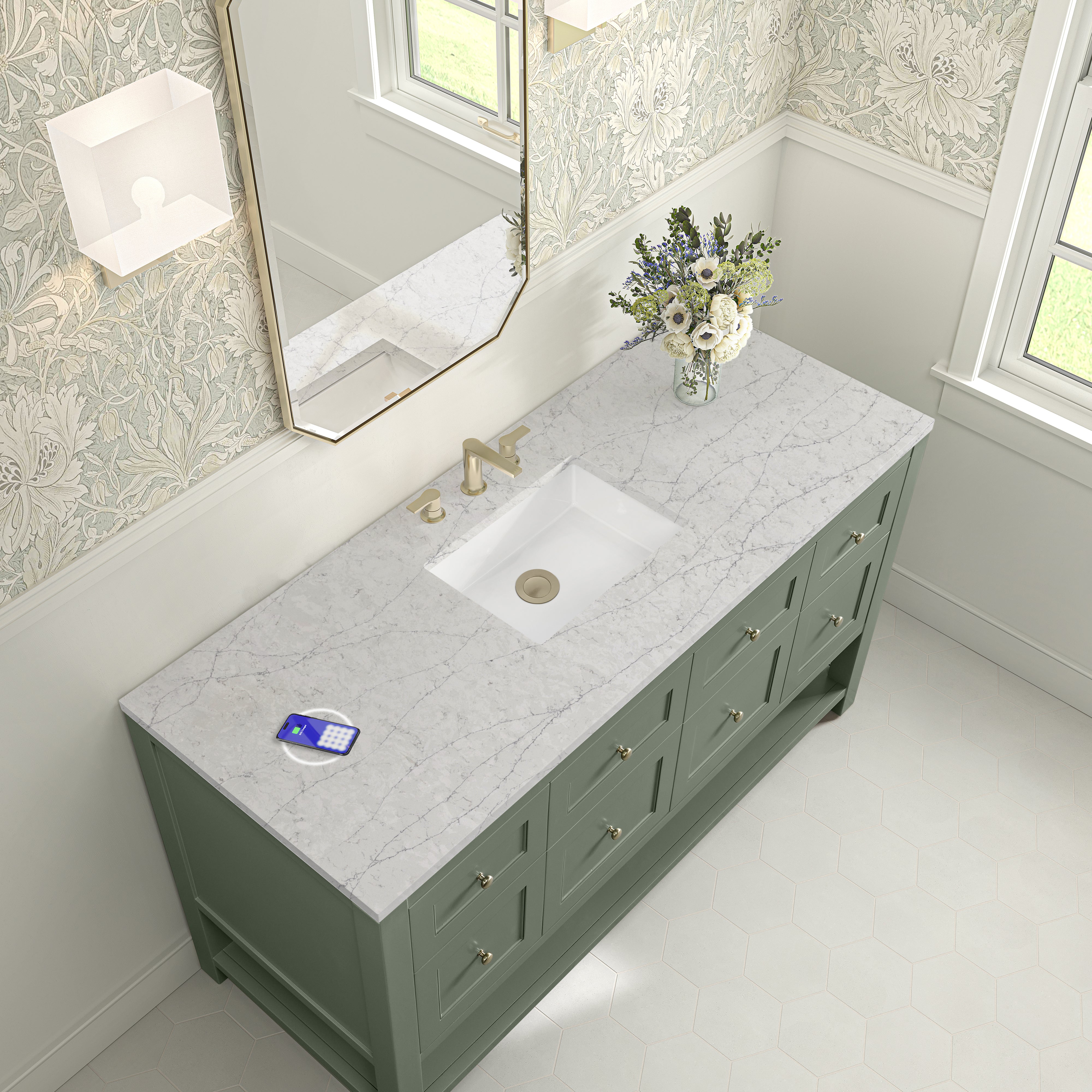 James Martin Breckenridge 60" Single Vanity in Smokey Celadon with 3cm Countertop and FreePower Wireless Charger
