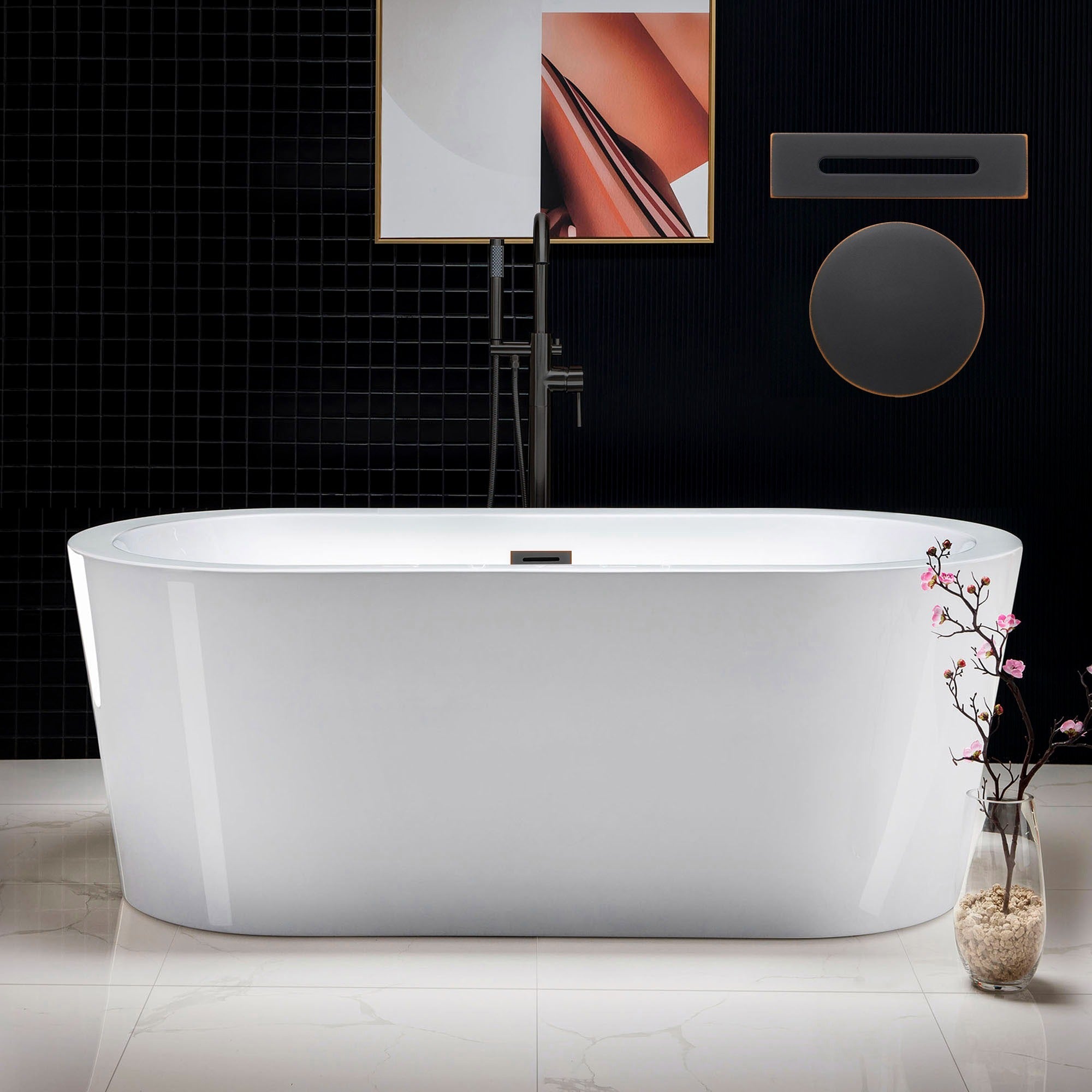 WOODBRIDGE 59" Acrylic Freestanding Bathtub Contemporary Soaking Tub with with Drain & Overflow, B0012