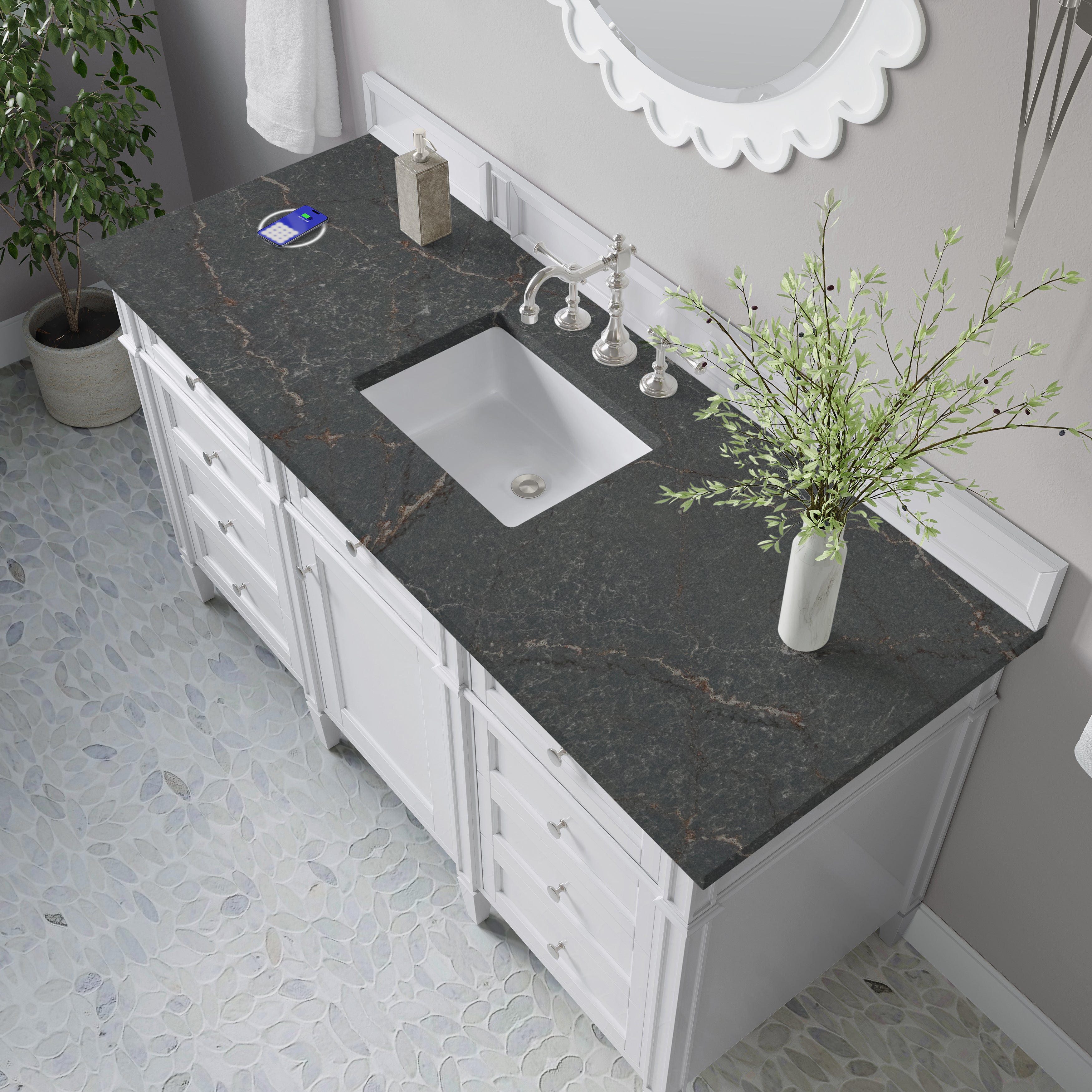 James Martin Brittany 60" Single Vanity in Bright White with 3cm Countertop and FreePower Wireless Charger
