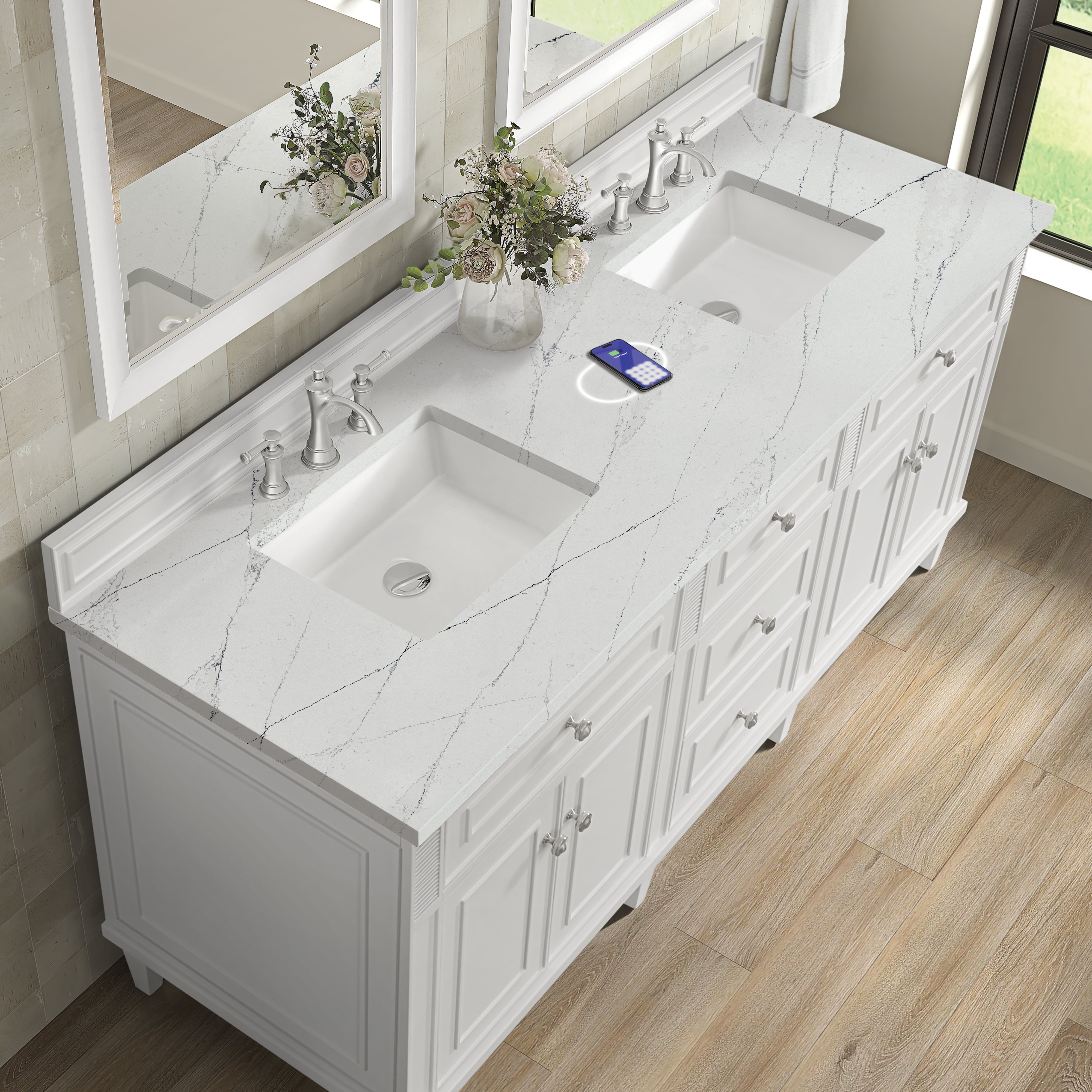 James Martin Lorelai 72" Double Vanity in Bright White with 3cm Countertop and FreePower Wireless Charger