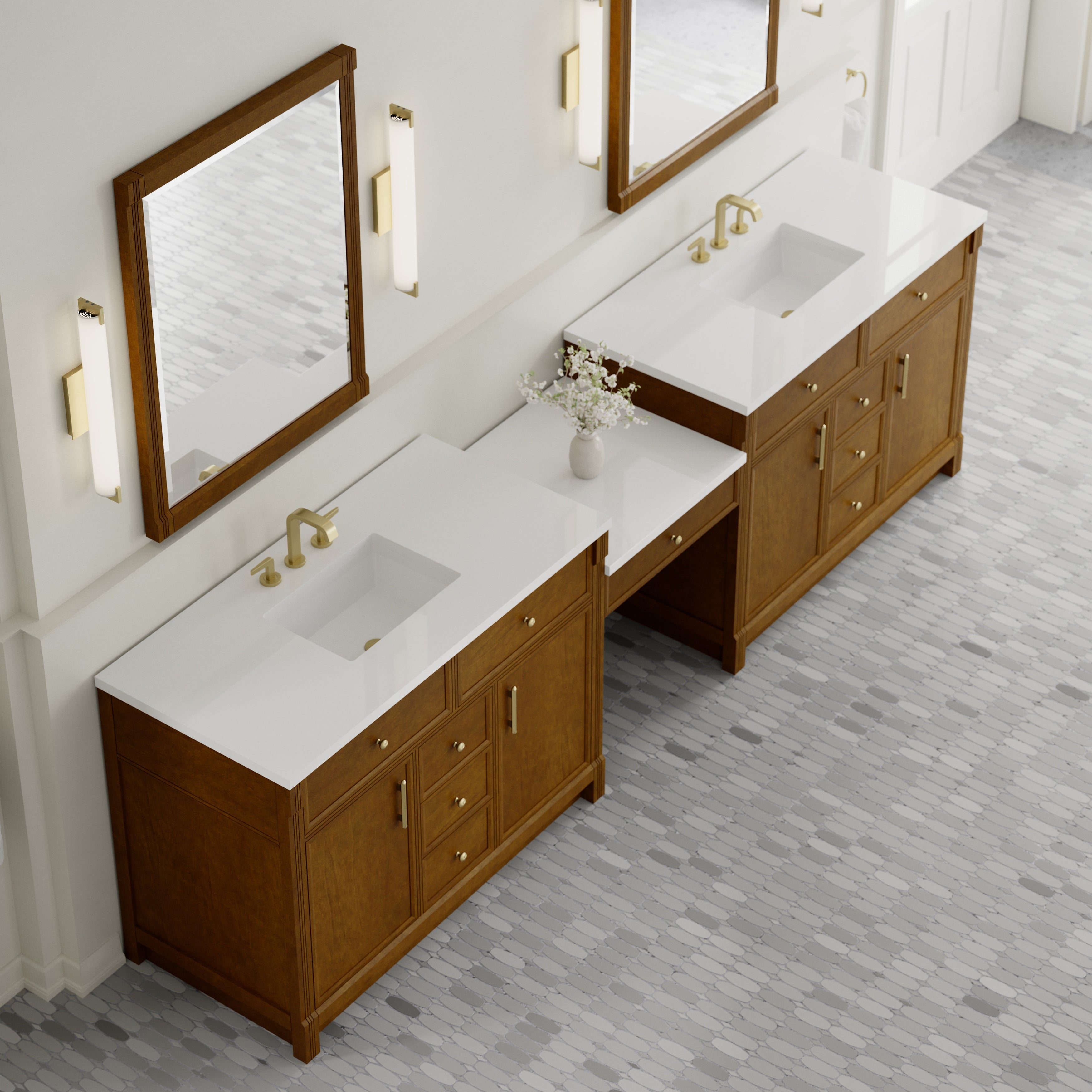 James Martin Bellshire 120" Dual Vanity Set with 24" Make-Up Counter in Honey Oak with 3cm Countertop