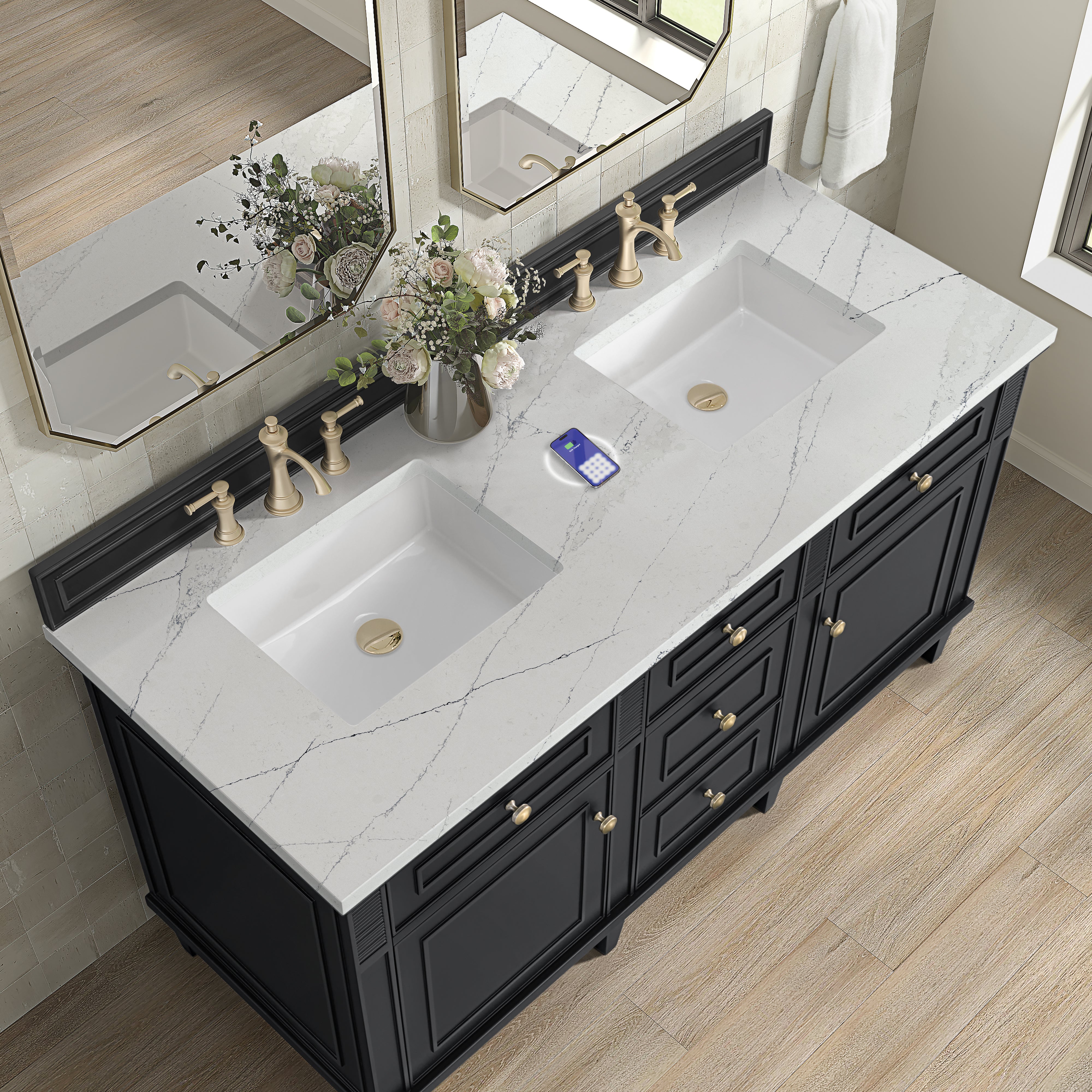 James Martin Lorelai 60" Double Vanity in Black Onyx with 3cm Countertop and FreePower Wireless Charger
