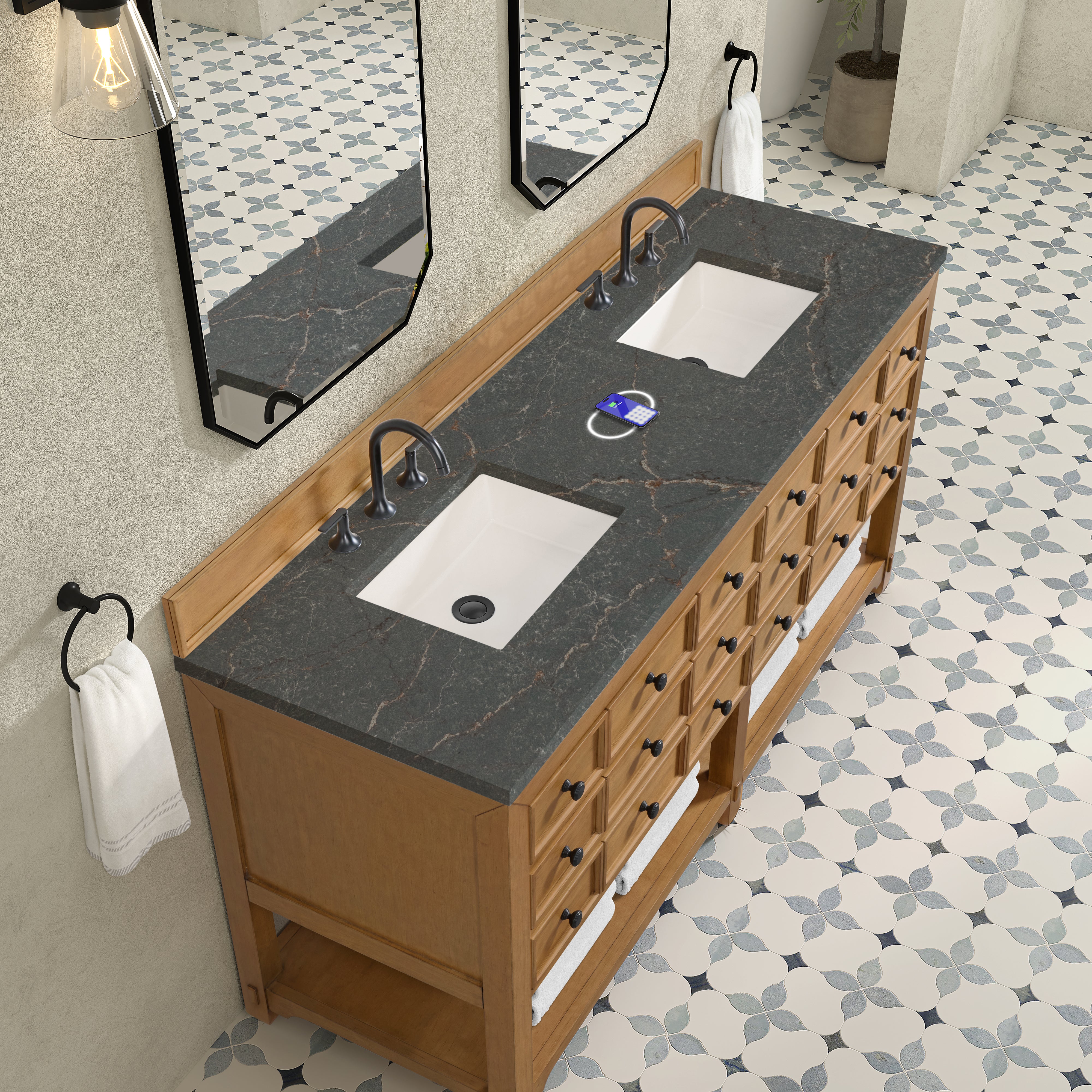 James Martin Malibu 72" Double Vanity in Amber Birch with 3cm Countertop and FreePower Wireless Charger