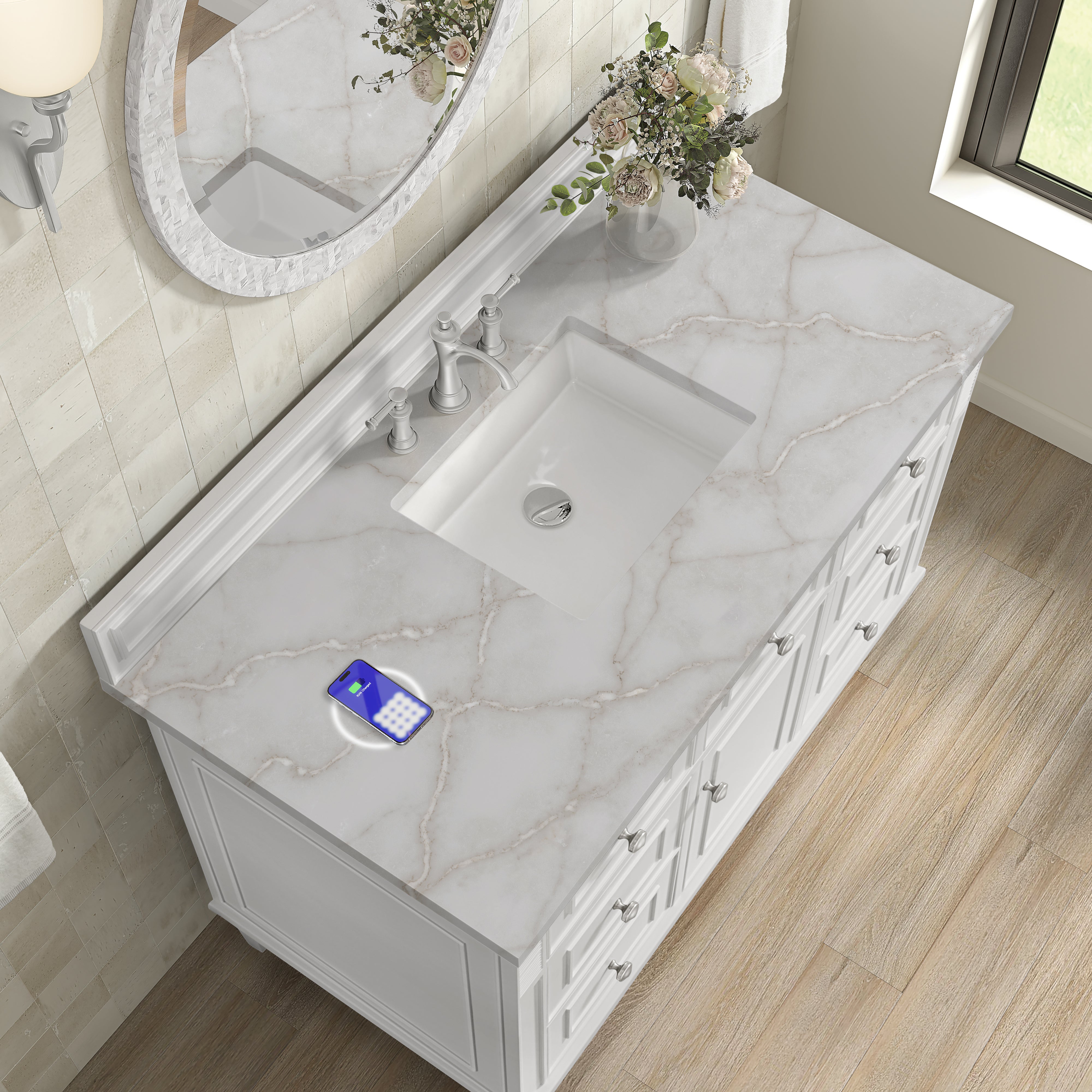 James Martin Lorelai 48" Single Vanity in Bright White with 3cm Countertop and FreePower Wireless Charger
