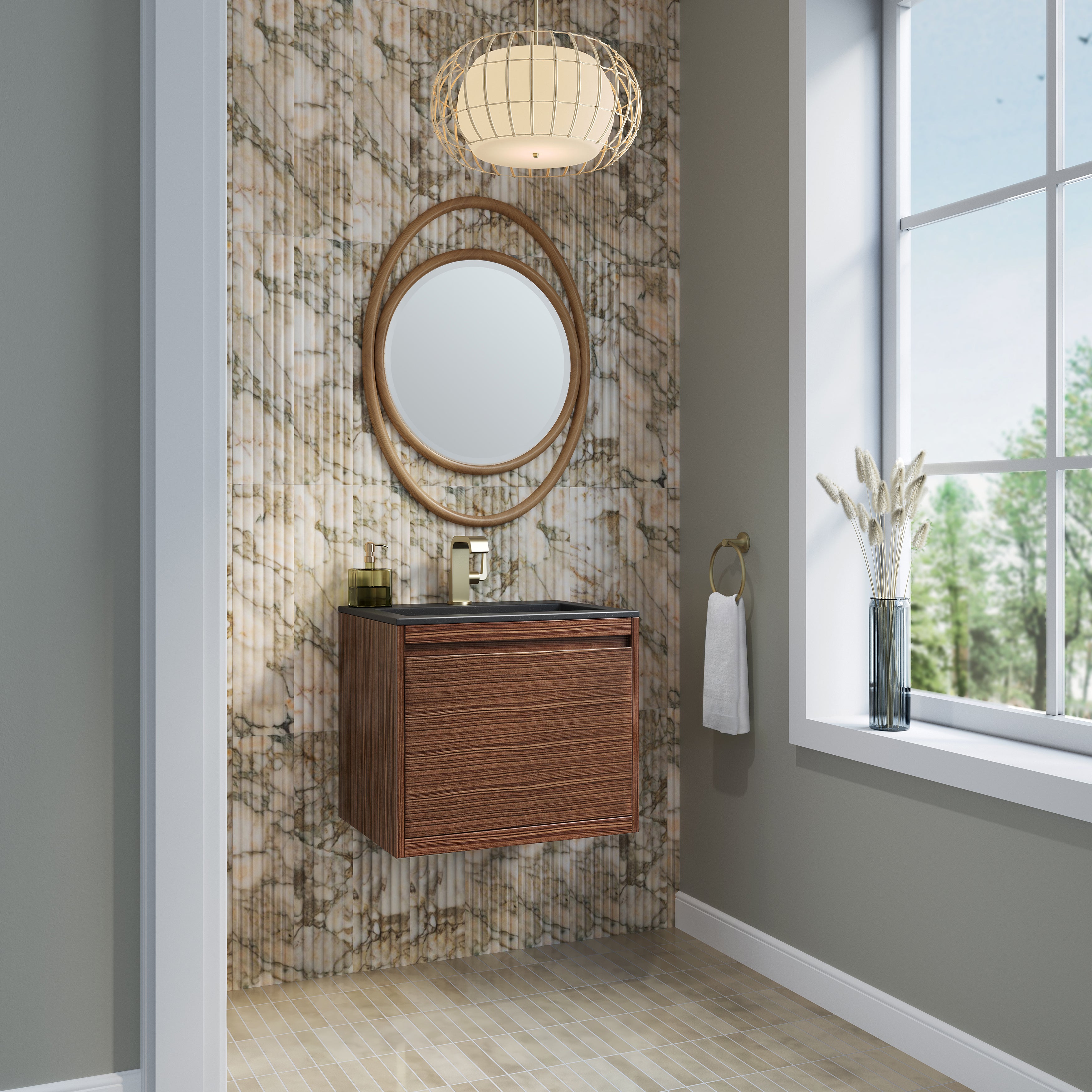 James Martin Mantova 23.6" Single Vanity, Mid-Century Walnut, Champagne Brass Base with Charcoal Black Composite Stone Top