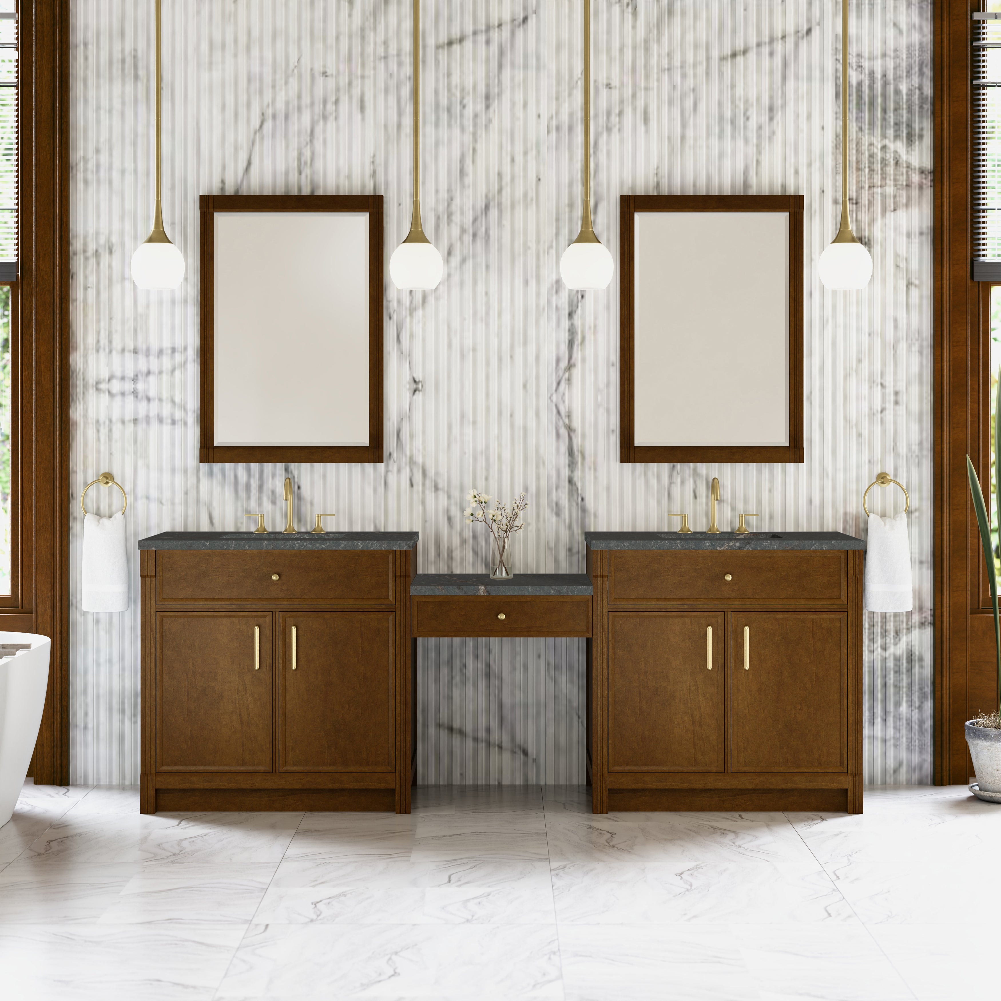 James Martin Bellshire 96" Dual Vanity Set with 24" Make-Up Counter in Honey Oak with 3cm Countertop