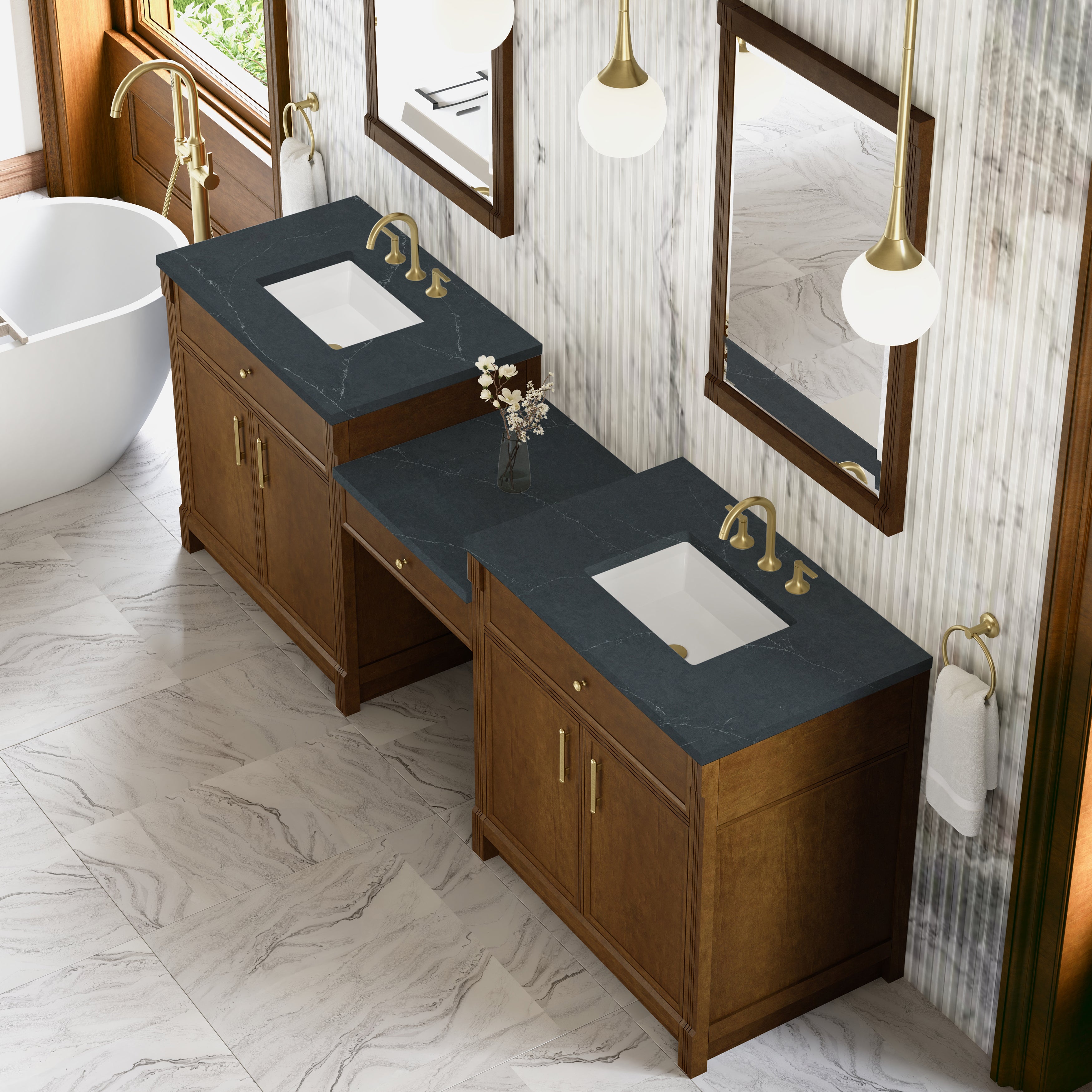 James Martin Bellshire 96" Dual Vanity Set with 24" Make-Up Counter in Honey Oak with 3cm Countertop