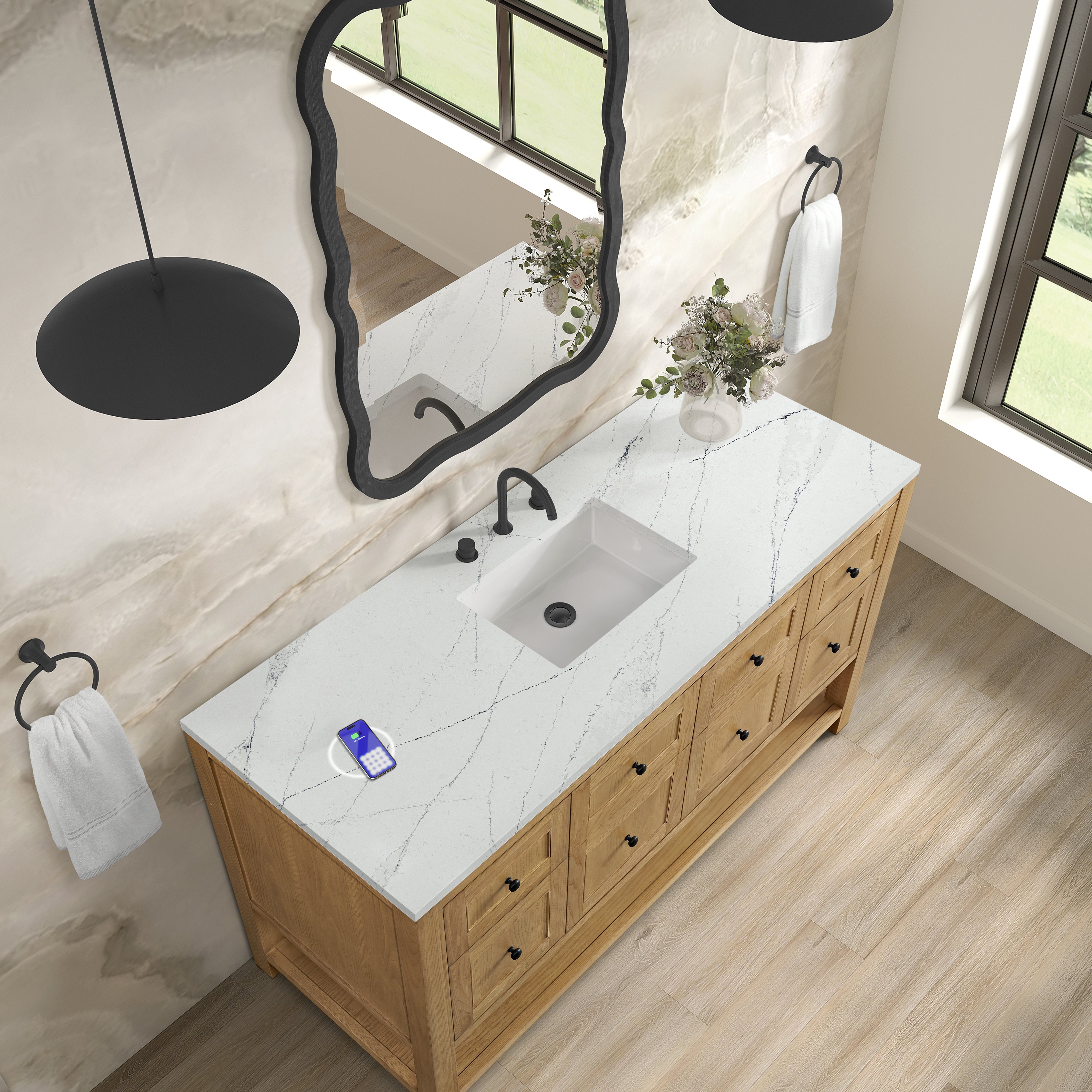 James Martin Breckenridge 60" Single Vanity in Light Natural Oak with 3cm Countertop and FreePower Wireless Charger