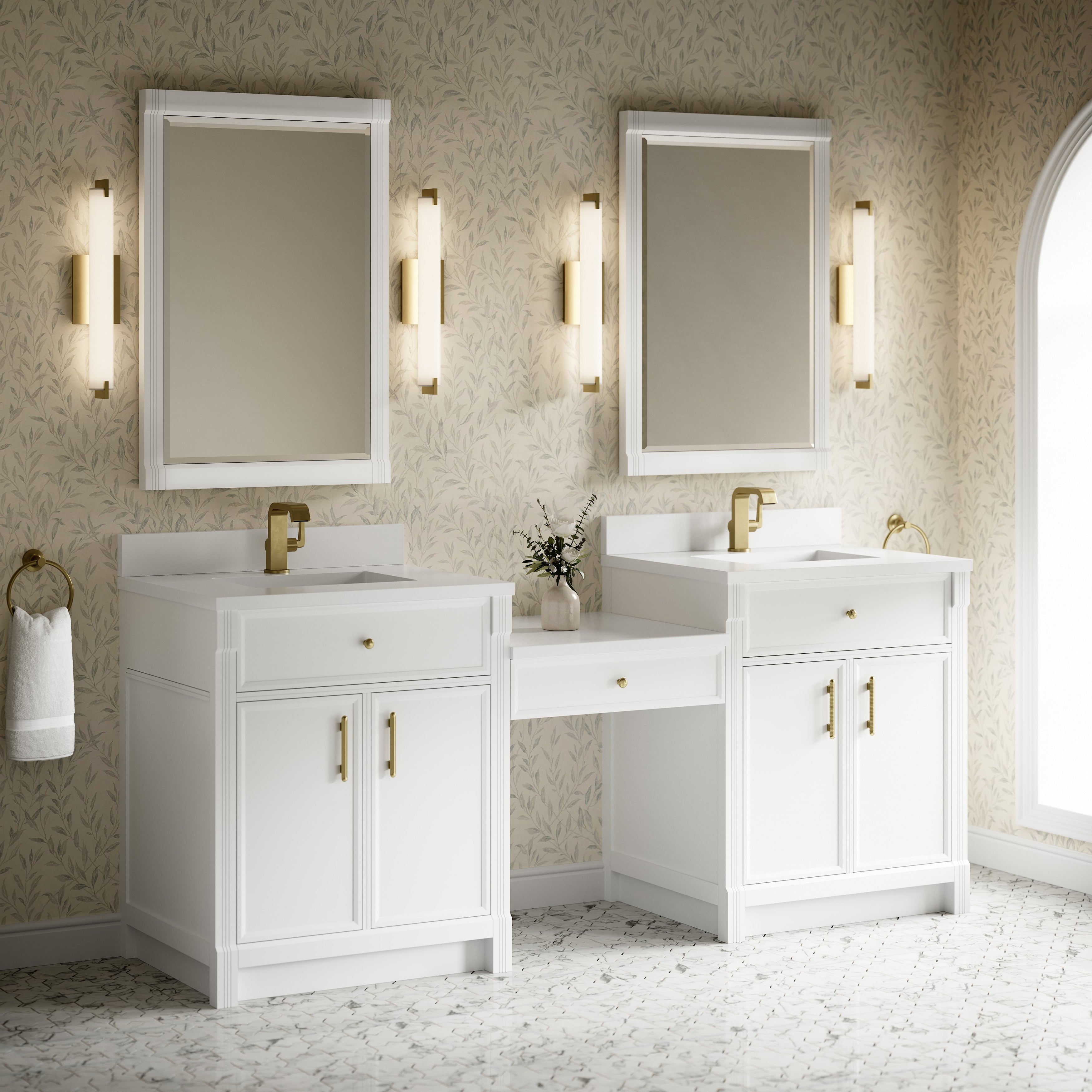 James Martin Bellshire 84" Dual Vanity Set with 24" Make-Up Counter in Bright White with 3cm Countertop