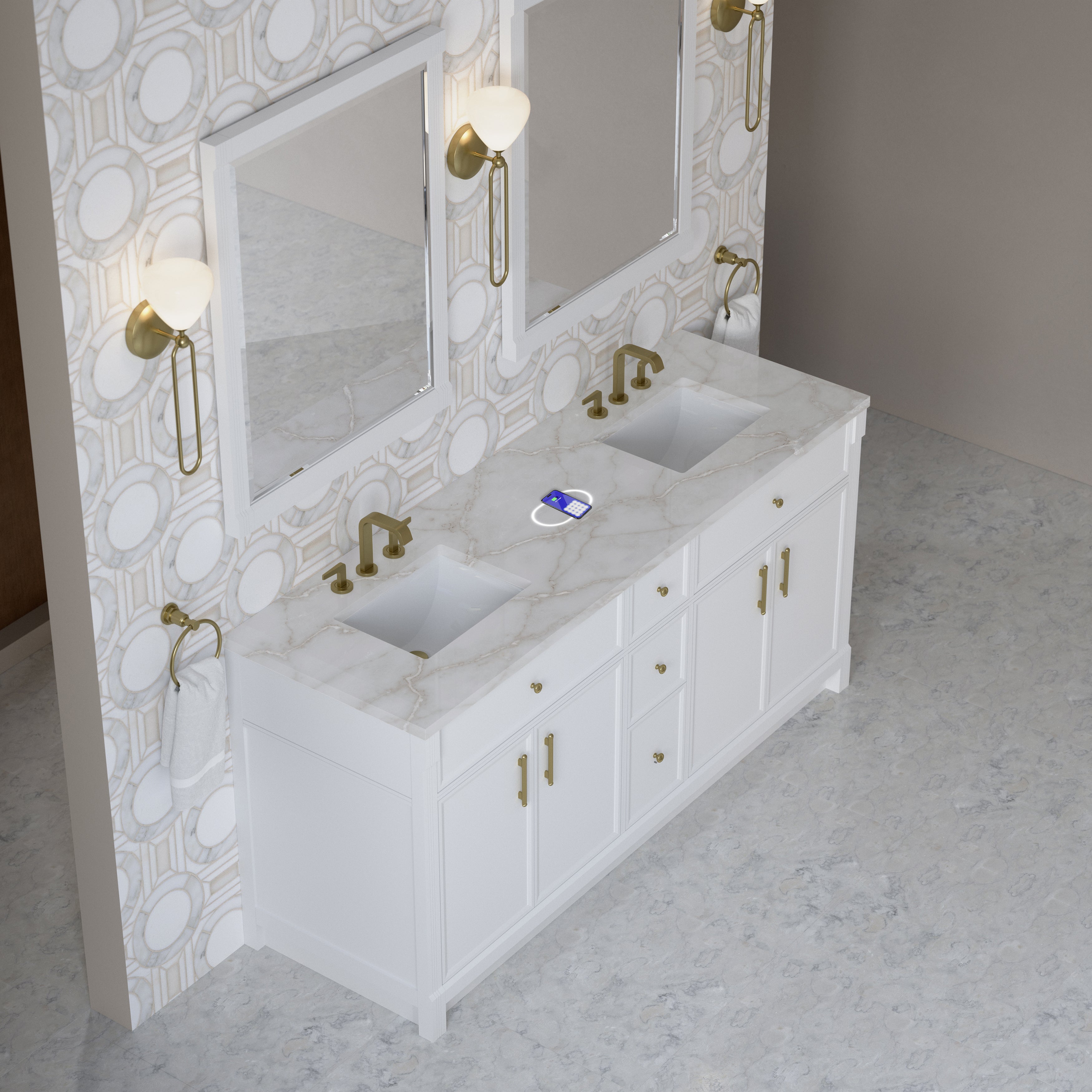 James Martin Bellshire 72" Double Vanity in Bright White with 3cm Countertop and FreePower Wireless Charger