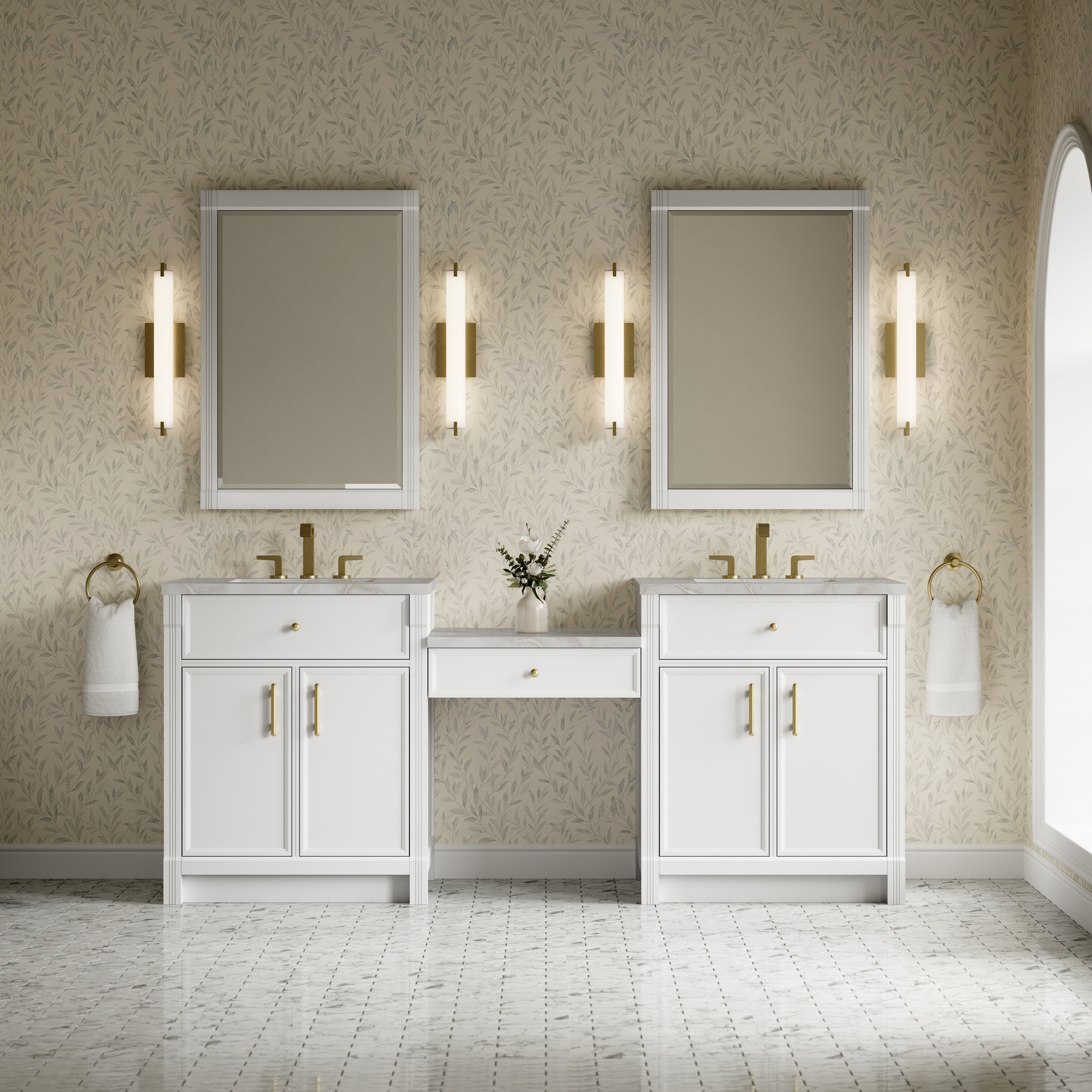 James Martin Bellshire 84" Dual Vanity Set with 24" Make-Up Counter in Bright White with 3cm Countertop
