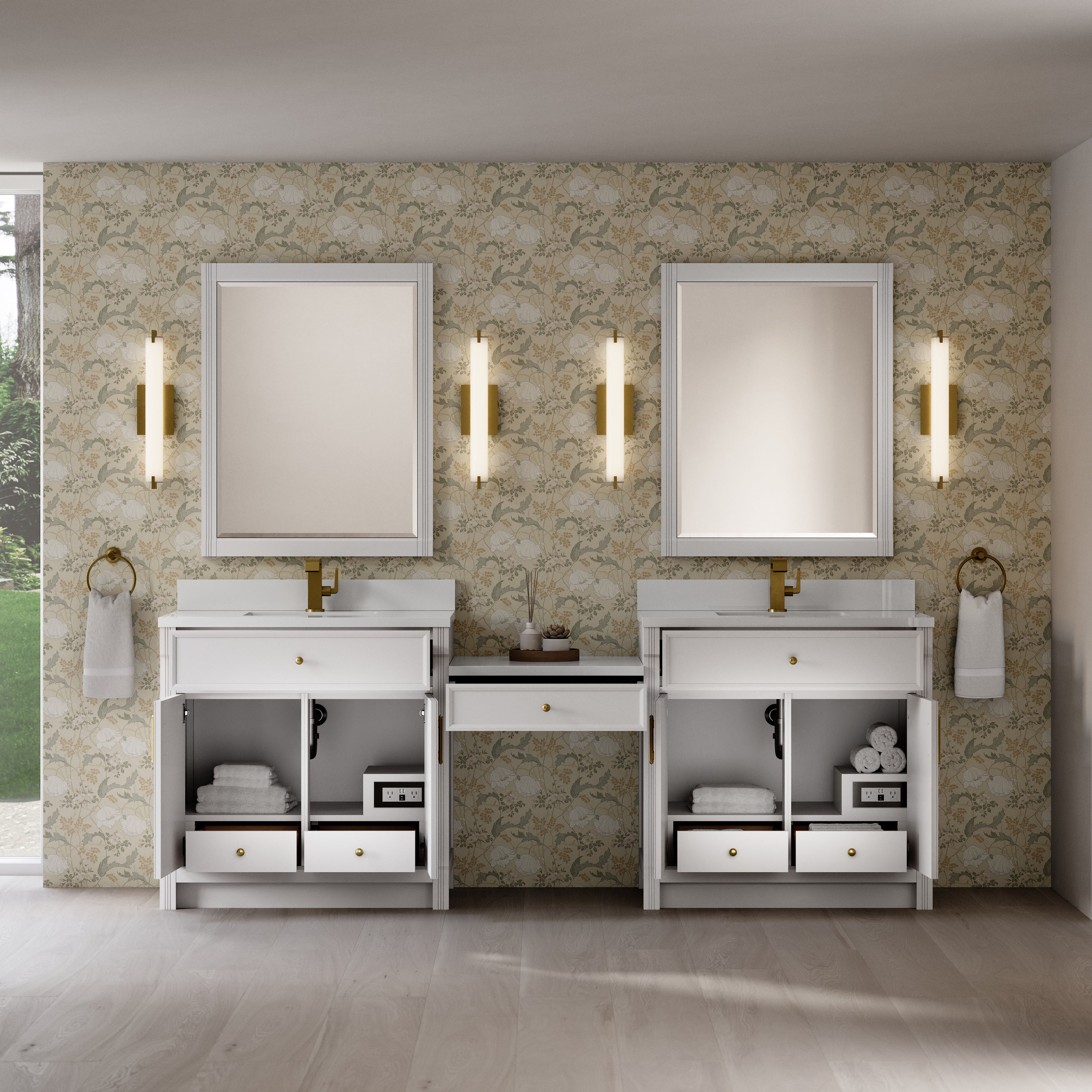 James Martin Bellshire 96" Dual Vanity Set with 24" Make-Up Counter in Bright White with 3cm Countertop