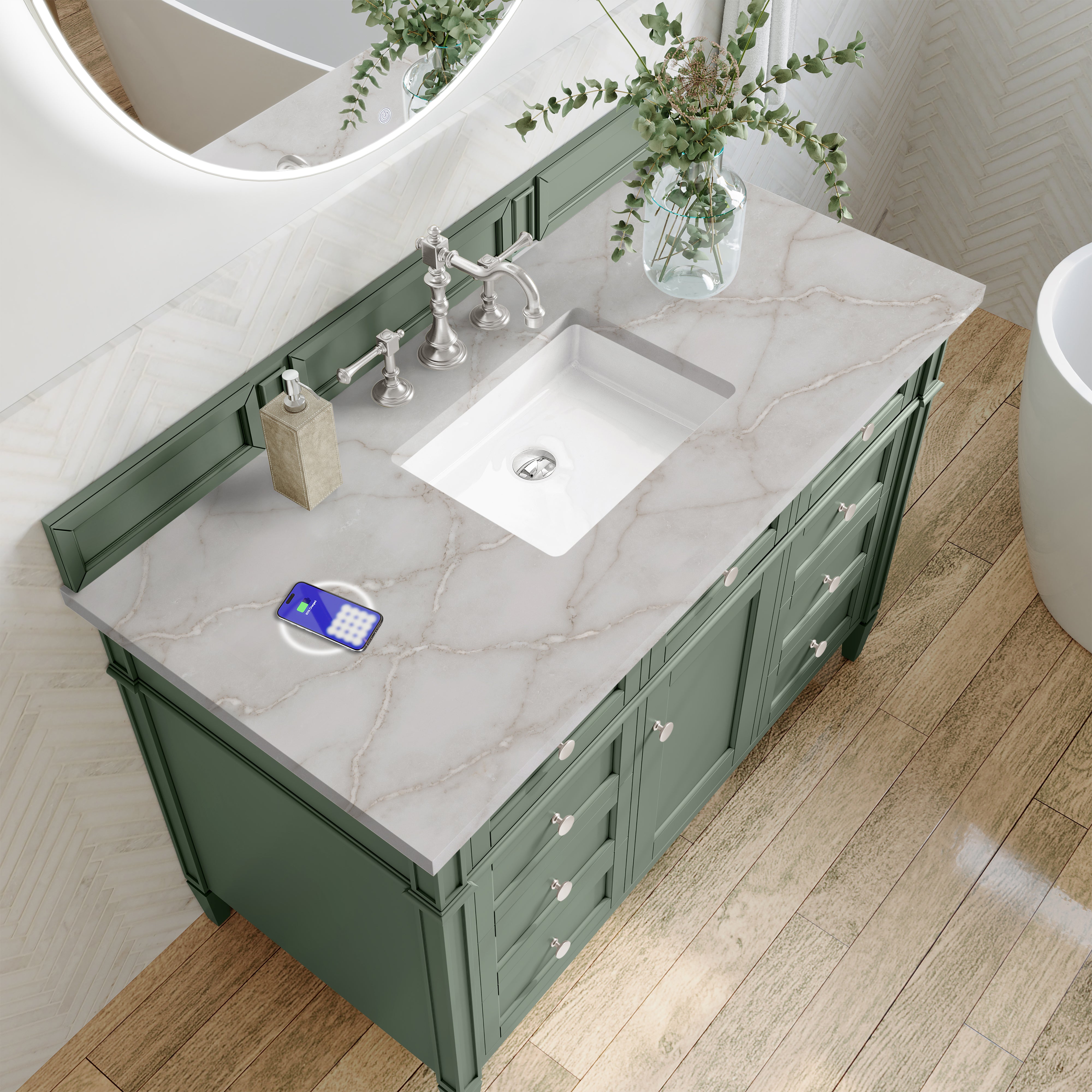 James Martin Brittany 48" Single Vanity in Smokey Celadon with 3cm Countertop and FreePower Wireless Charger