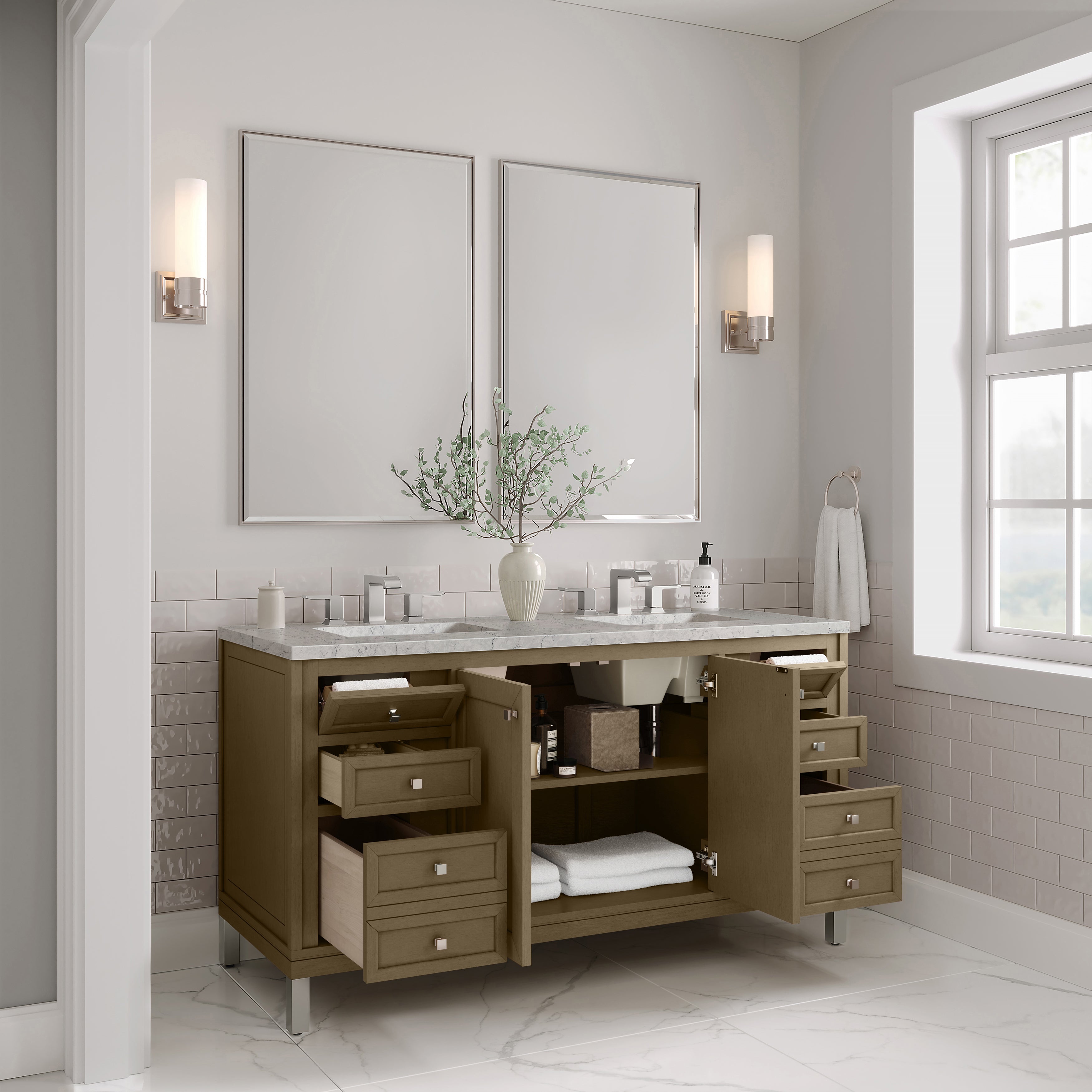 James Martin Chicago 60" Double Vanity in Walnut Whisper with 3cm Countertop and FreePower Wireless Charger