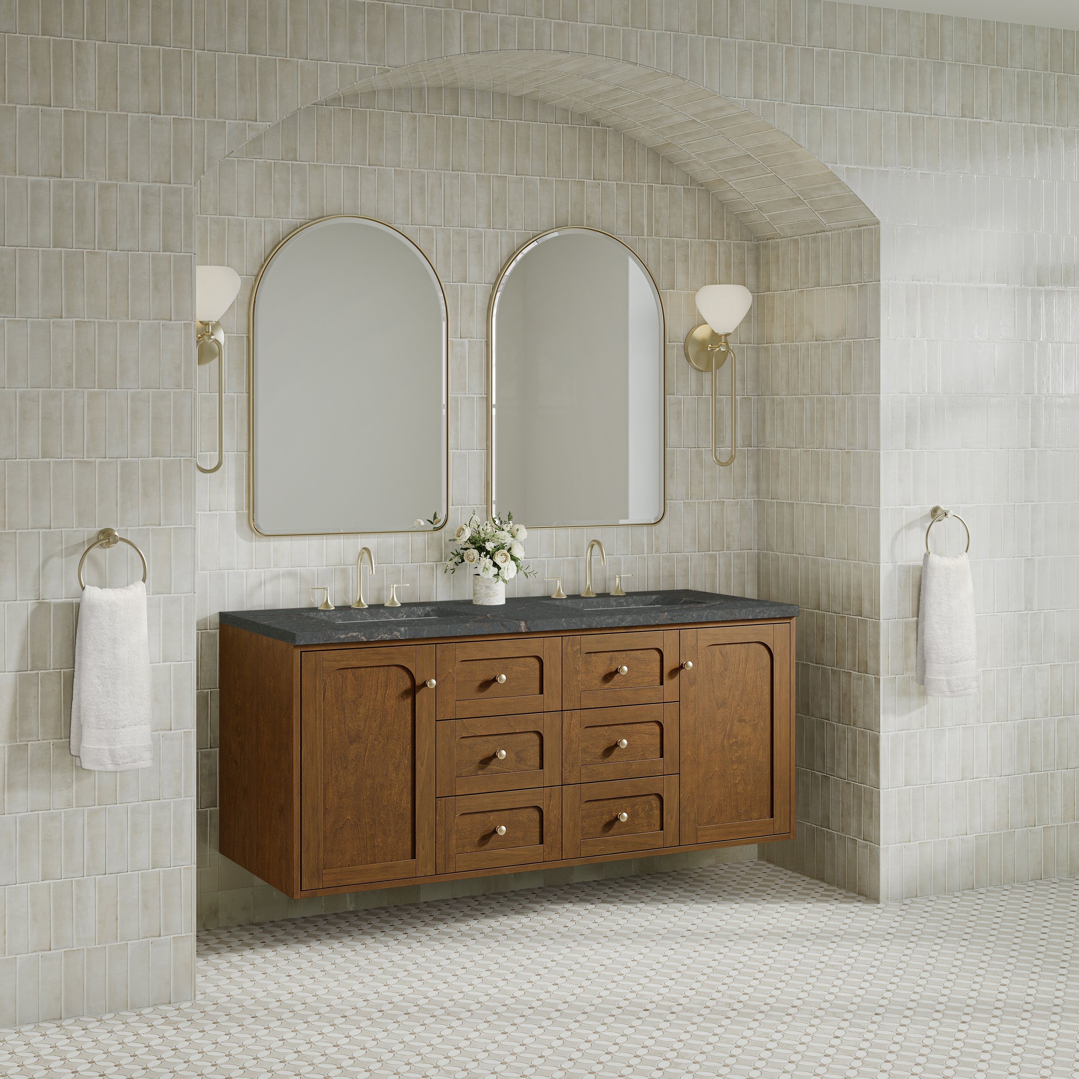 James Martin Laurent 60" Double Vanity in Honey Oak with 3cm Countertop and FreePower Wireless Charger