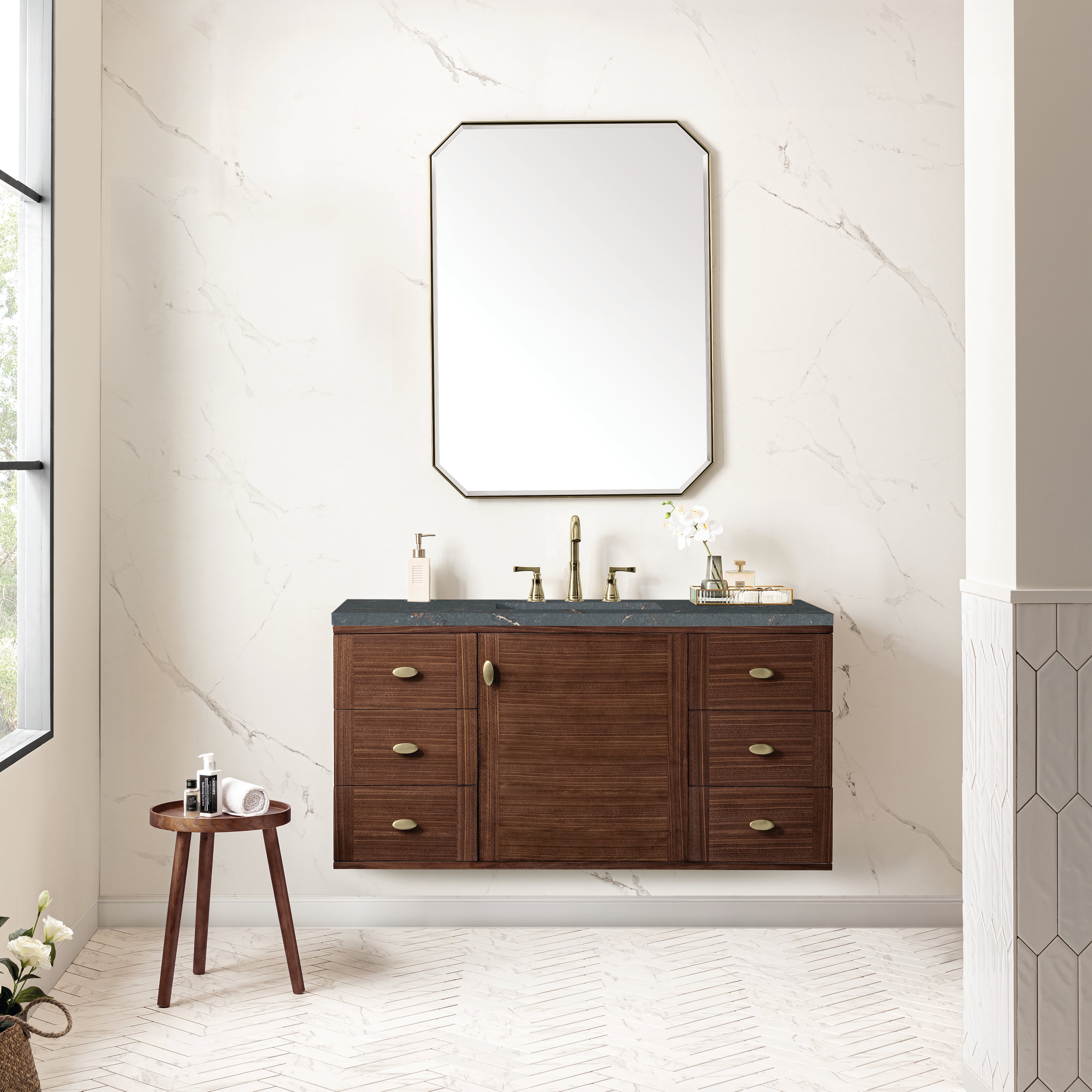 James Martin Amberly 48" Single Vanity in Mid-Century Walnut with 3cm Countertop and FreePower Wireless Charger