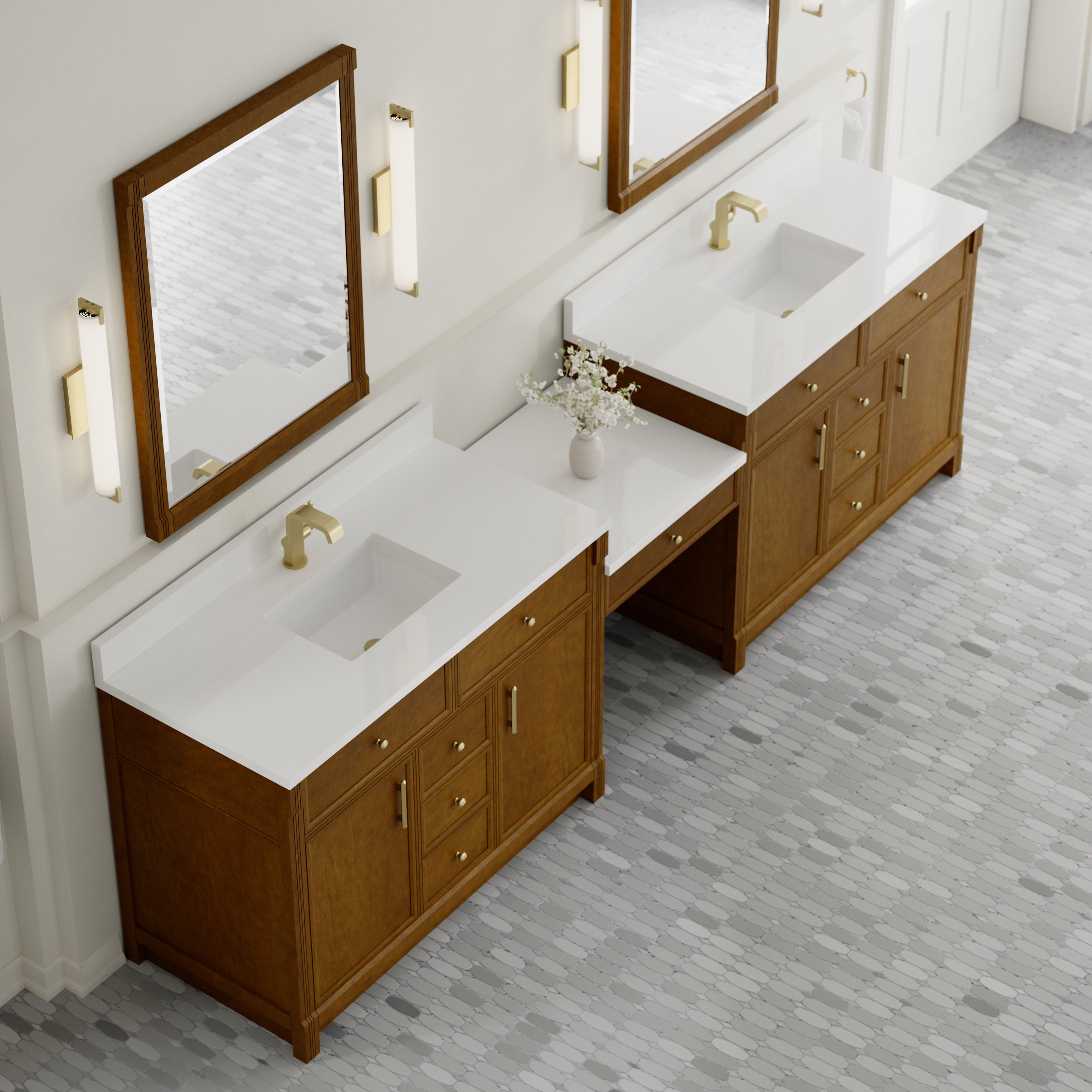 James Martin Bellshire 120" Dual Vanity Set with 24" Make-Up Counter in Honey Oak with 3cm Countertop