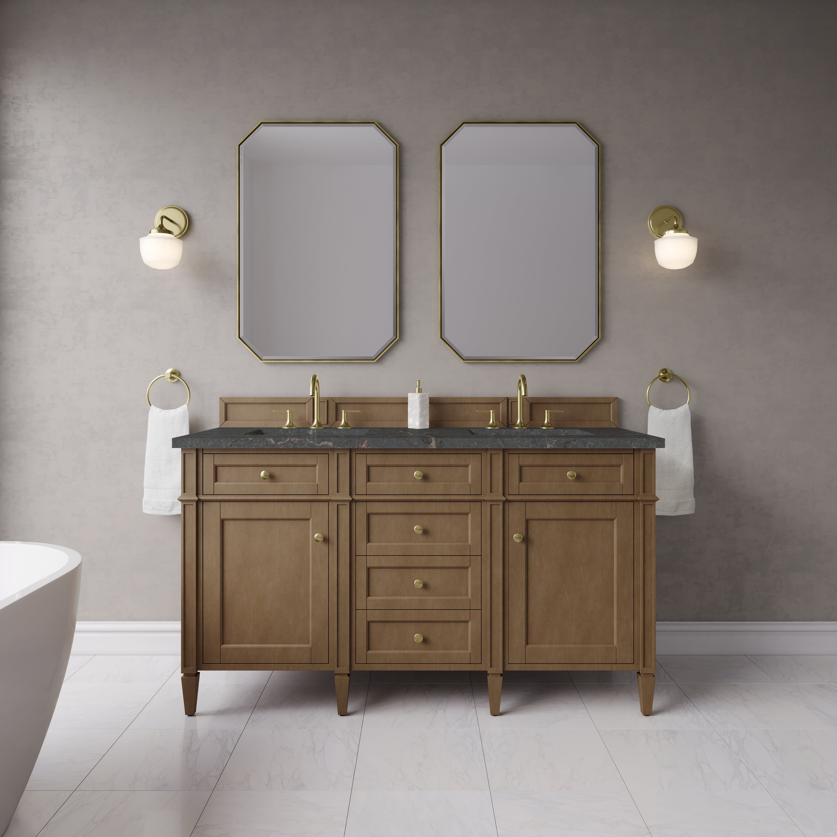 James Martin Brittany 60" Double Vanity in Pecan with 3cm Countertop and FreePower Wireless Charger