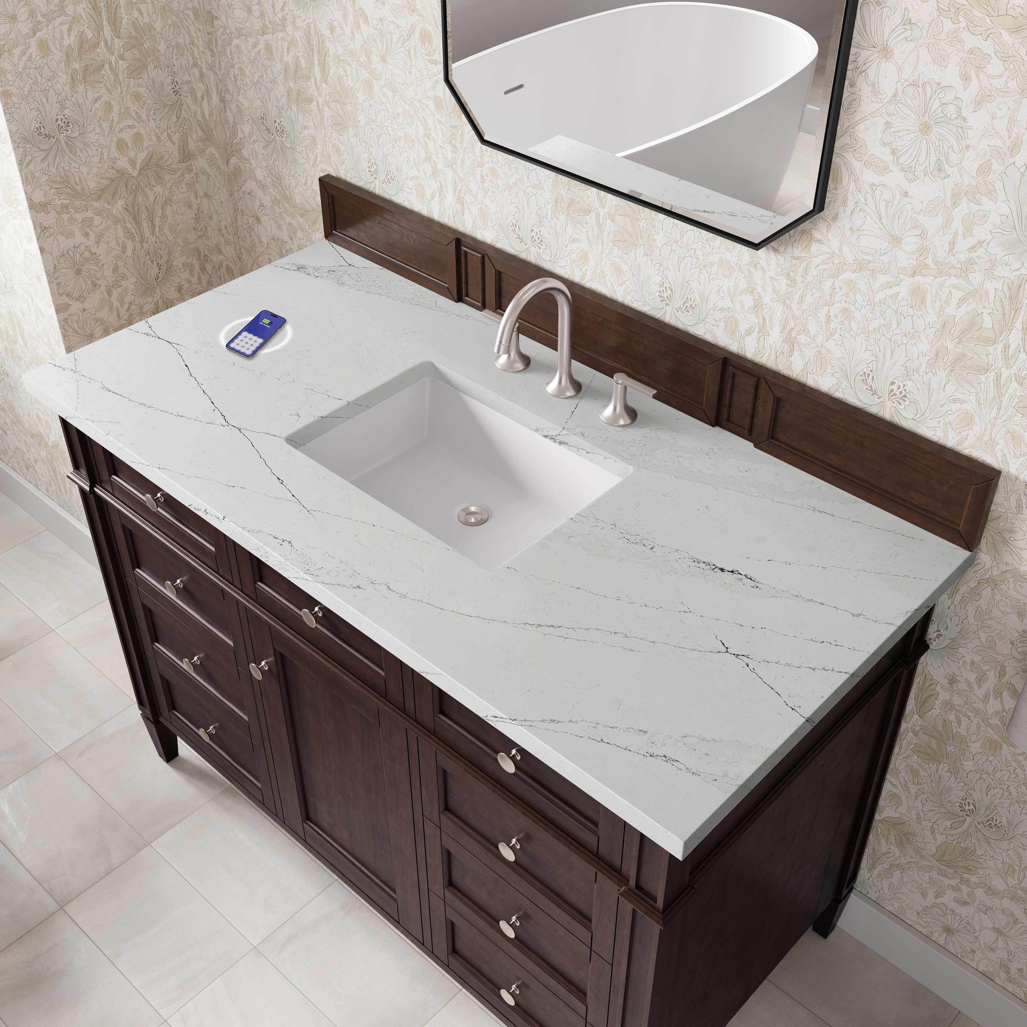 James Martin Brittany 48" Single Vanity in Burnished Mahogany with 3cm Countertop and FreePower Wireless Charger