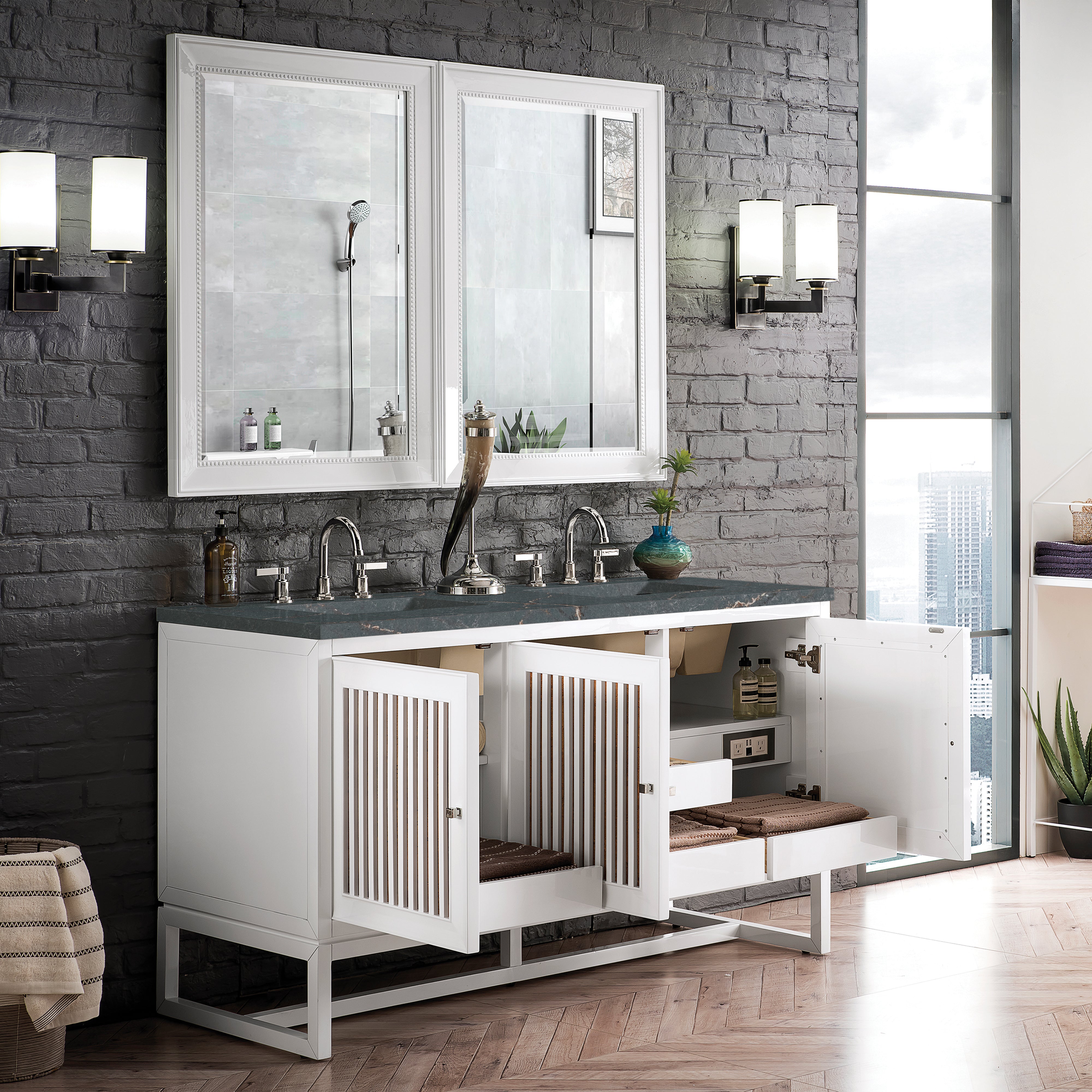James Martin Athens 60" Double Vanity in Glossy White with 3cm Countertop