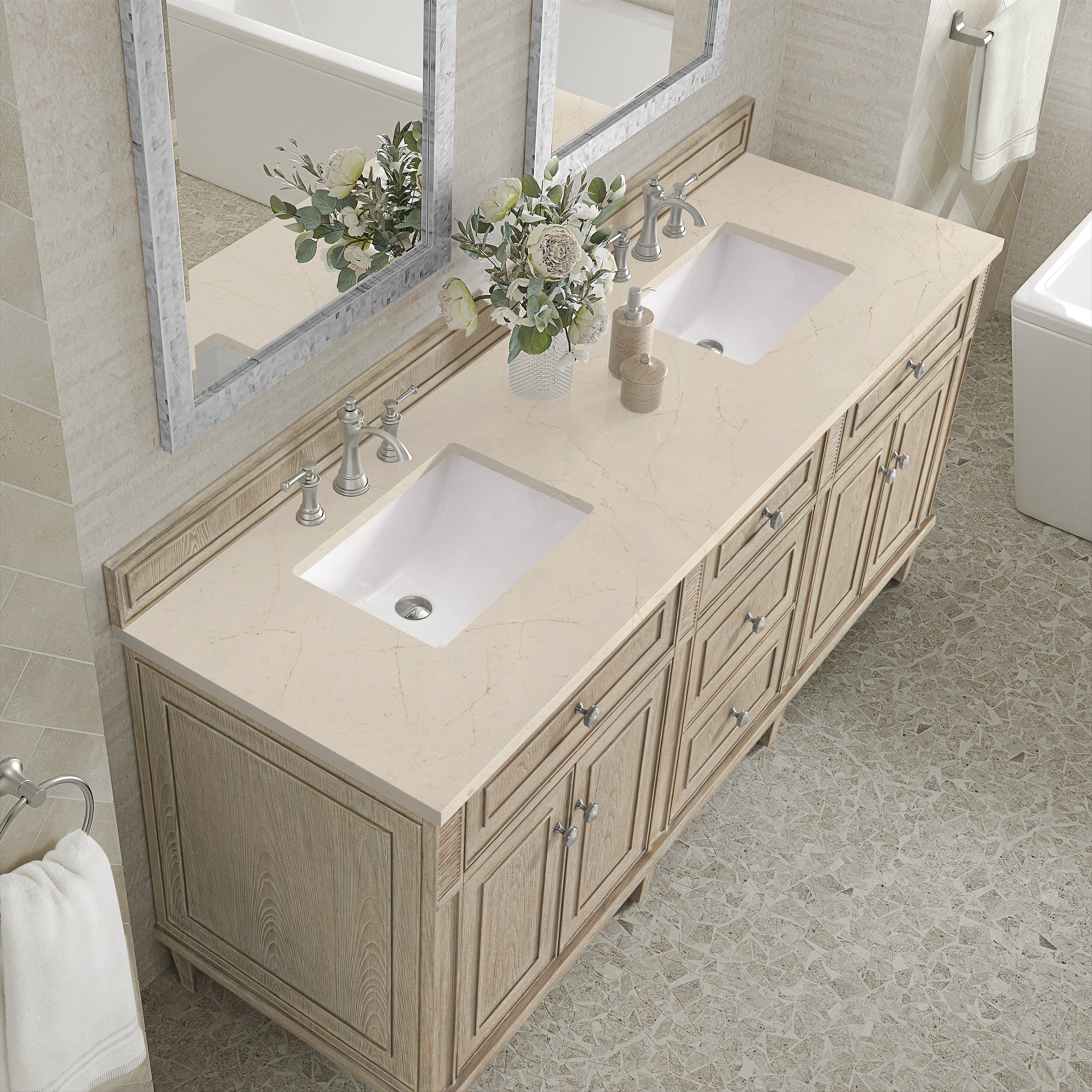 James Martin Lorelai 72" Double Vanity in Whitewashed Oak with 3cm Countertop