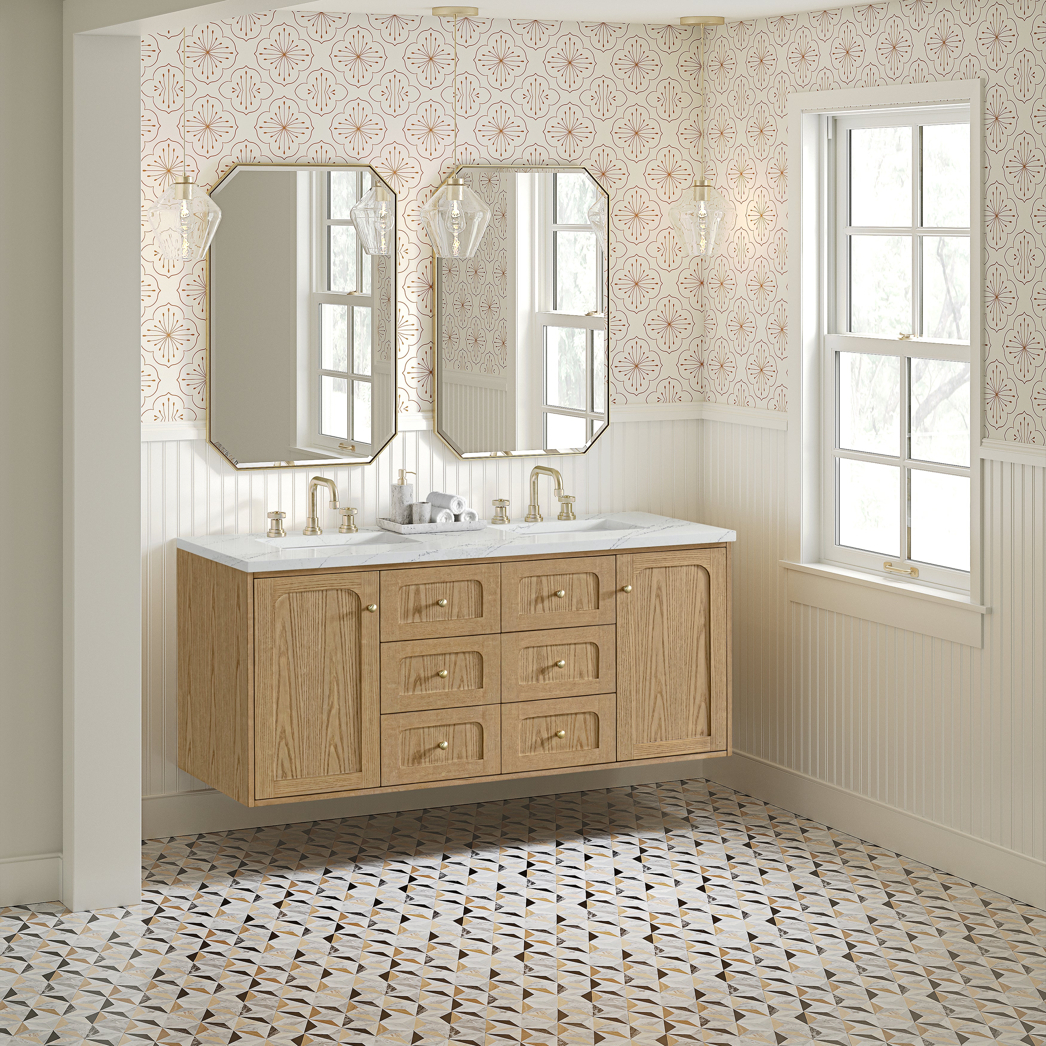 James Martin Laurent 60" Double Vanity in Light Natural Oak with 3cm Countertop and FreePower Wireless Charger