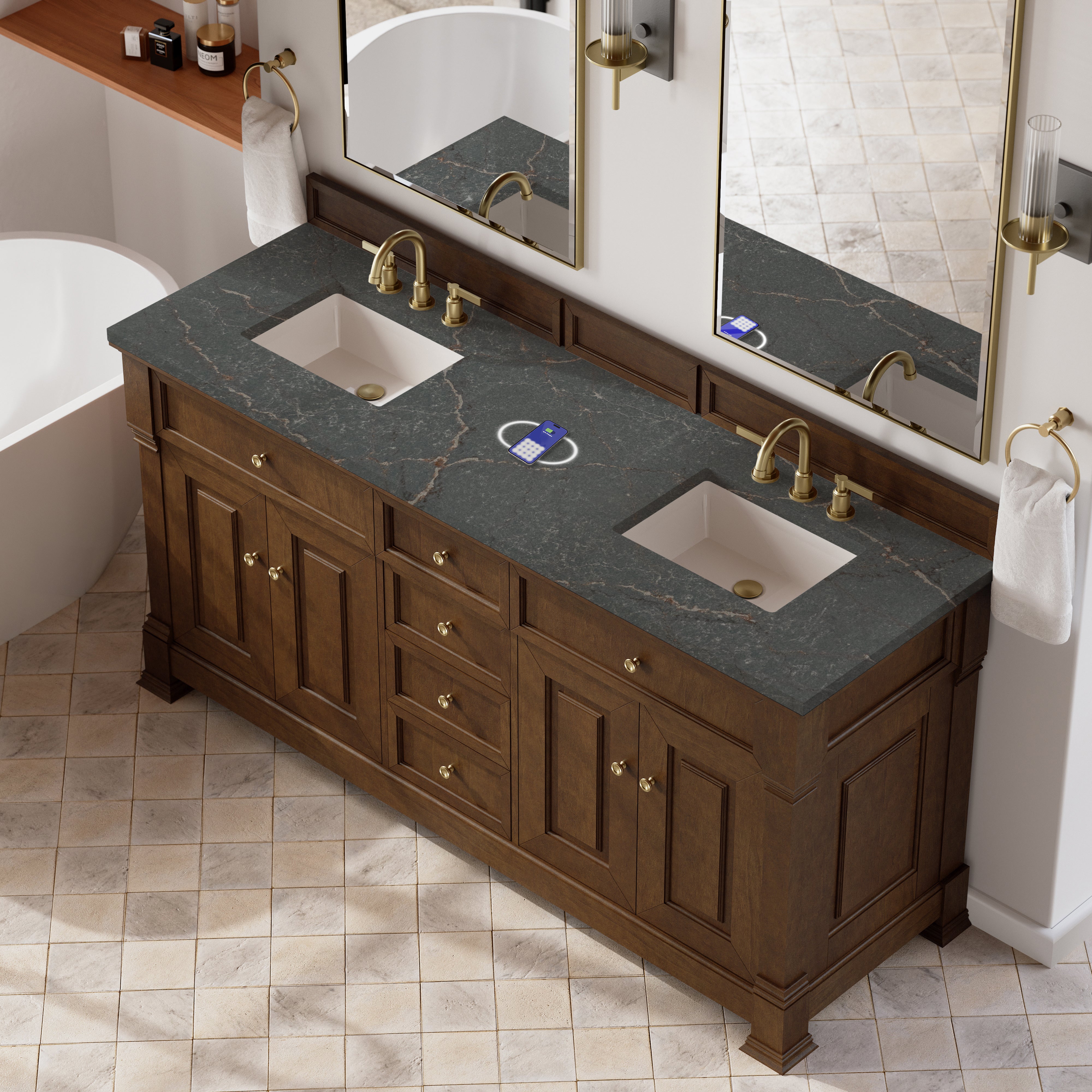 James Martin Brookfield 72" Double Vanity in Honey Oak with 3cm Countertop and FreePower Wireless Charger
