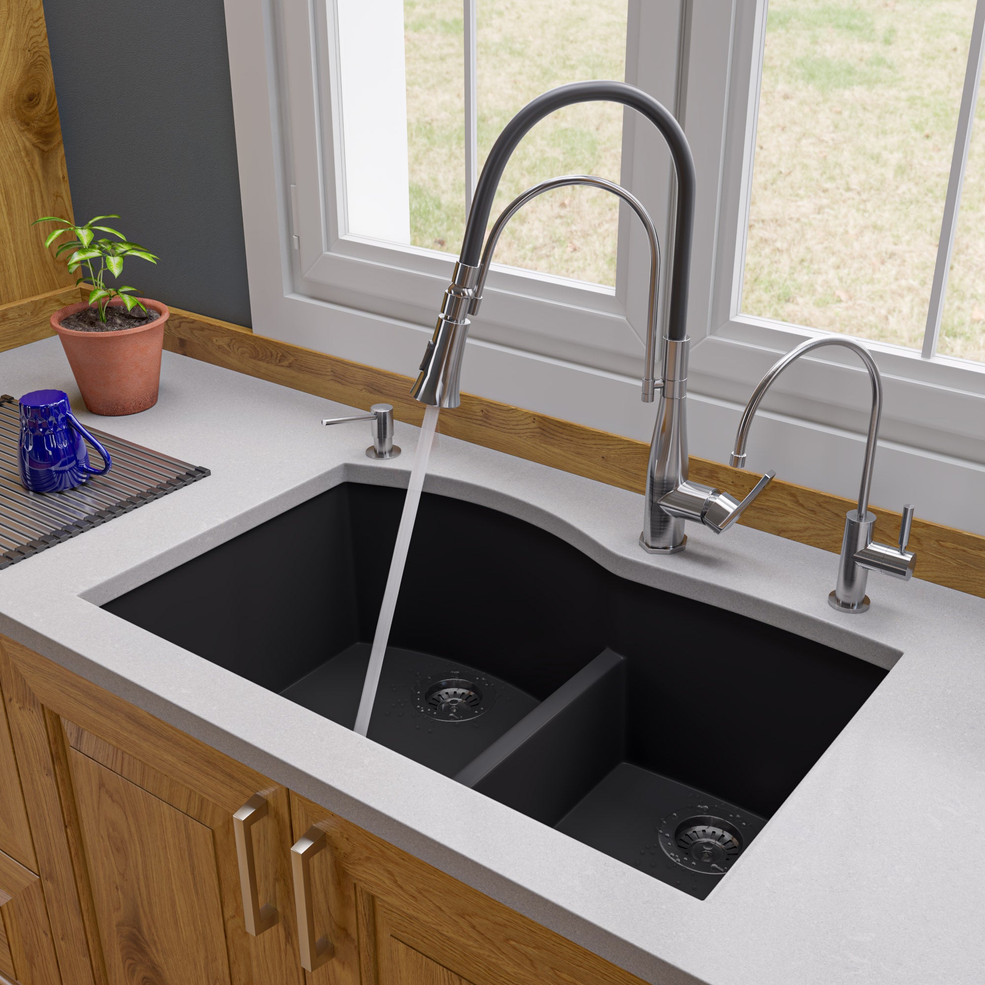 ALFI brand AB3320UM 33" Double Bowl Undermount Granite Composite Kitchen Sink
