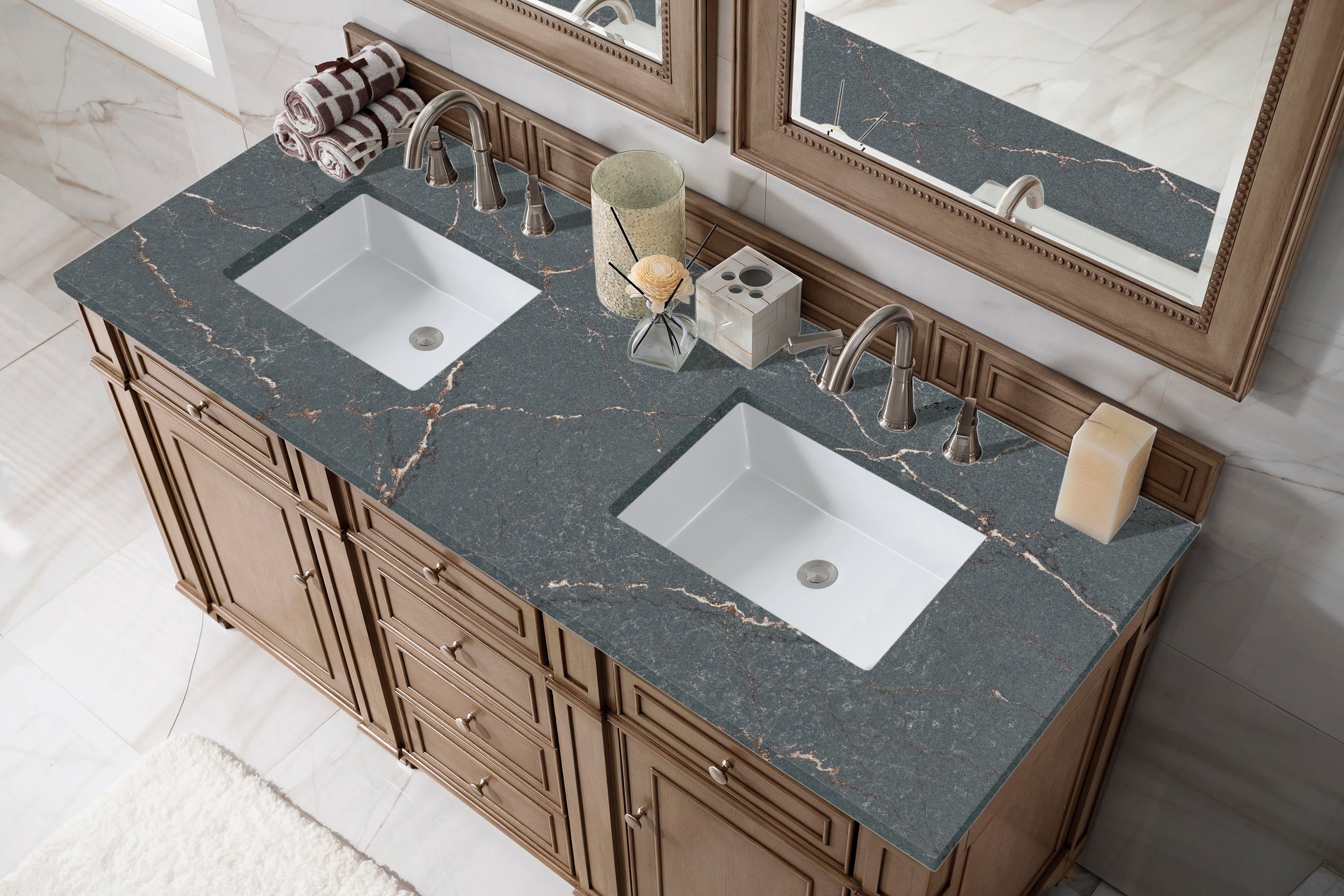 James Martin Bristol 60" Double Vanity in Whitewashed Walnut with 3cm Countertop