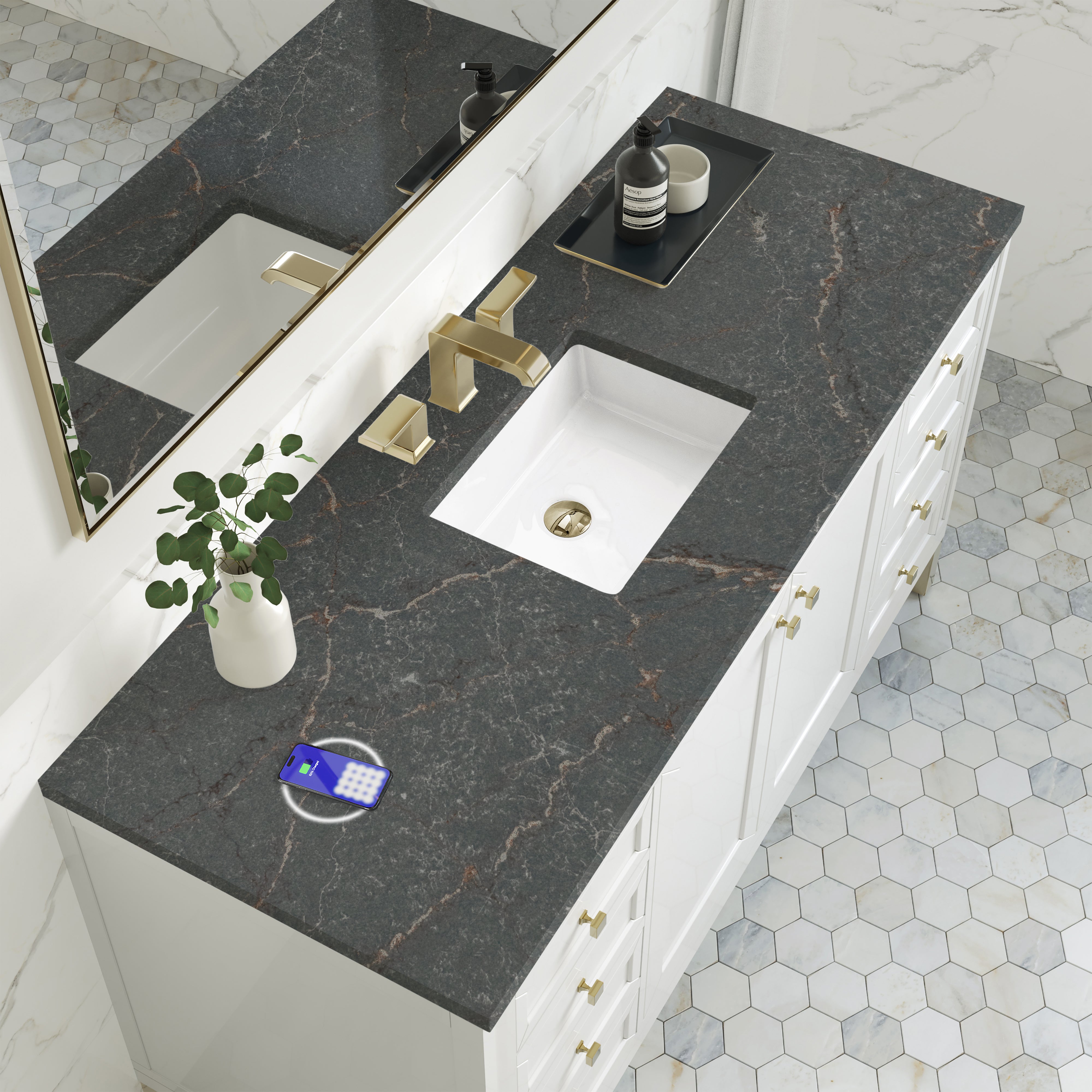James Martin Chicago 60" Single Vanity in Glossy White with 3cm Countertop and FreePower Wireless Charger