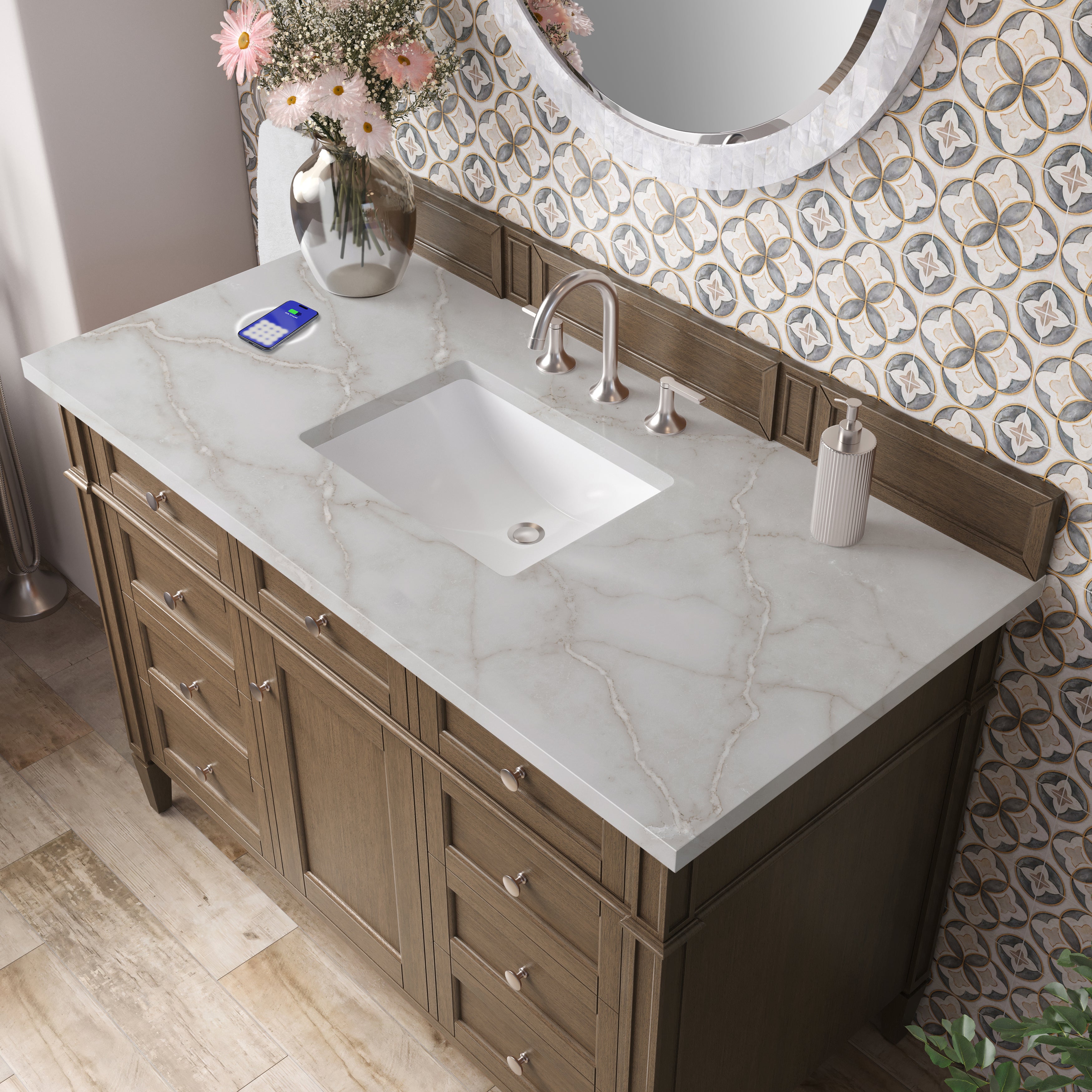 James Martin Brittany 48" Single Vanity in Saddle Brown with with 3cm Countertop and FreePower Wireless Charger