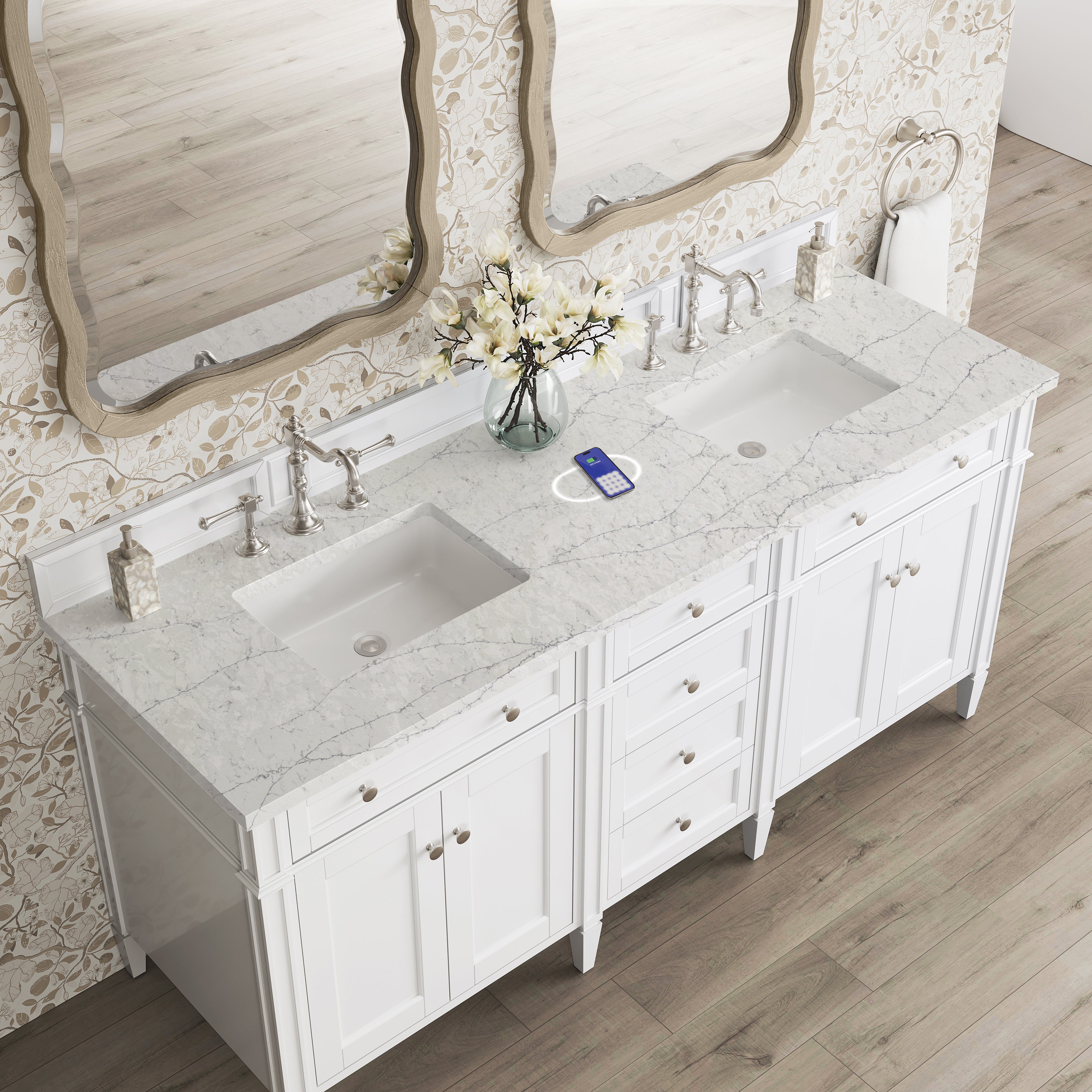 James Martin Brittany 72" Double Vanity in Bright White with 3cm Countertop and FreePower Wireless Charger