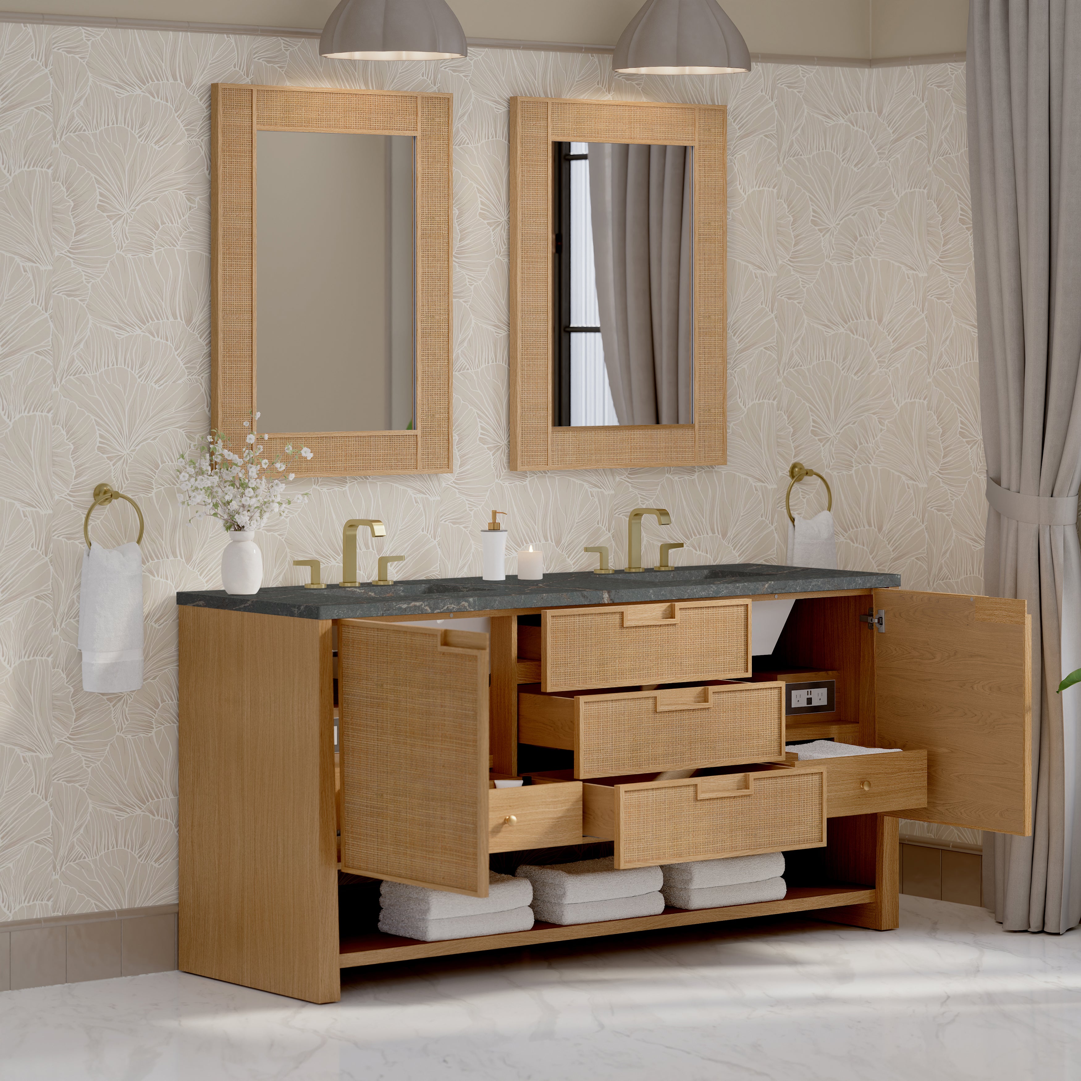 James Martin Solene 72" Double Vanity in Seaside Oak with 3cm Countertop and FreePower Wireless Charger