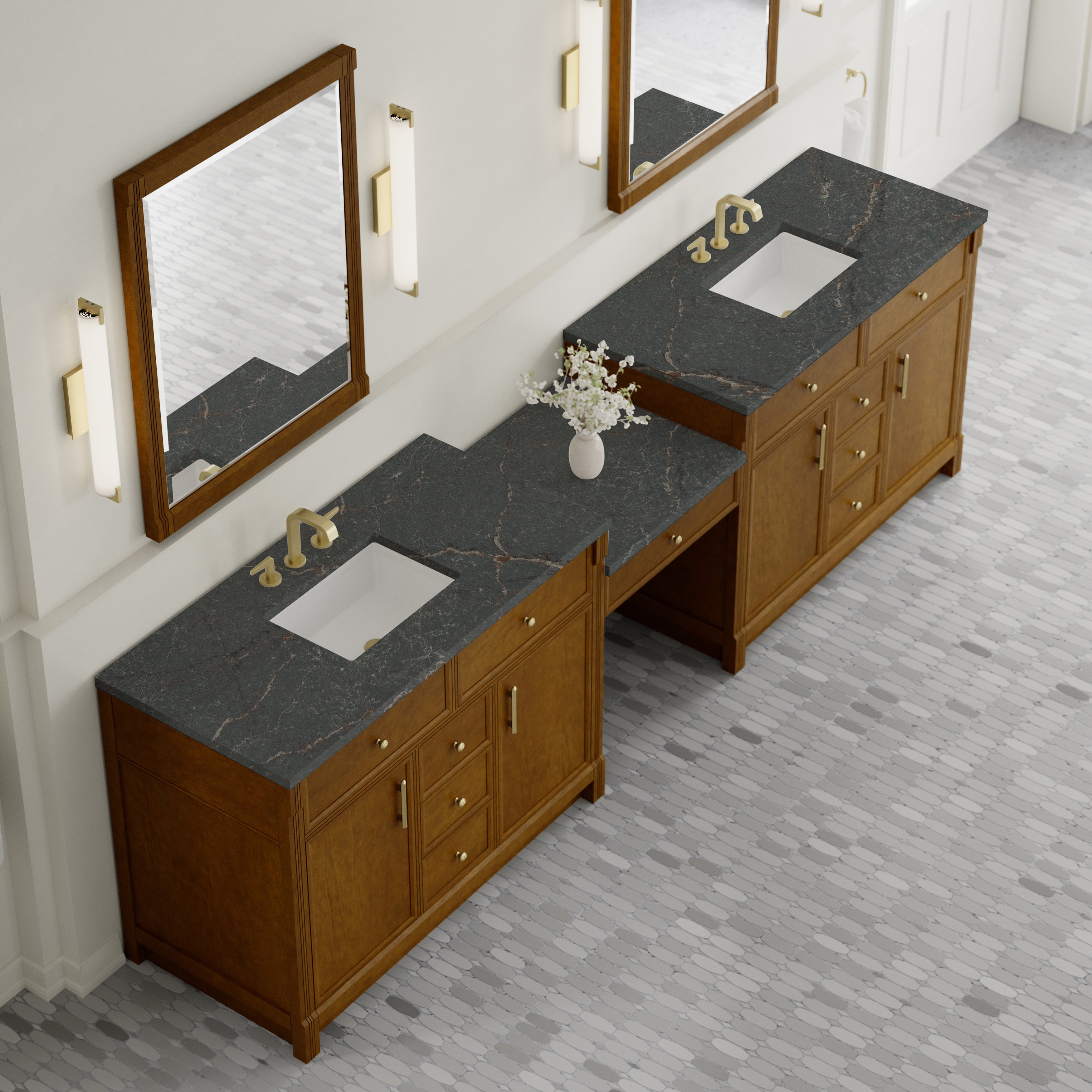 James Martin Bellshire 120" Dual Vanity Set with 24" Make-Up Counter in Honey Oak with 3cm Countertop and FreePower Wireless Charger