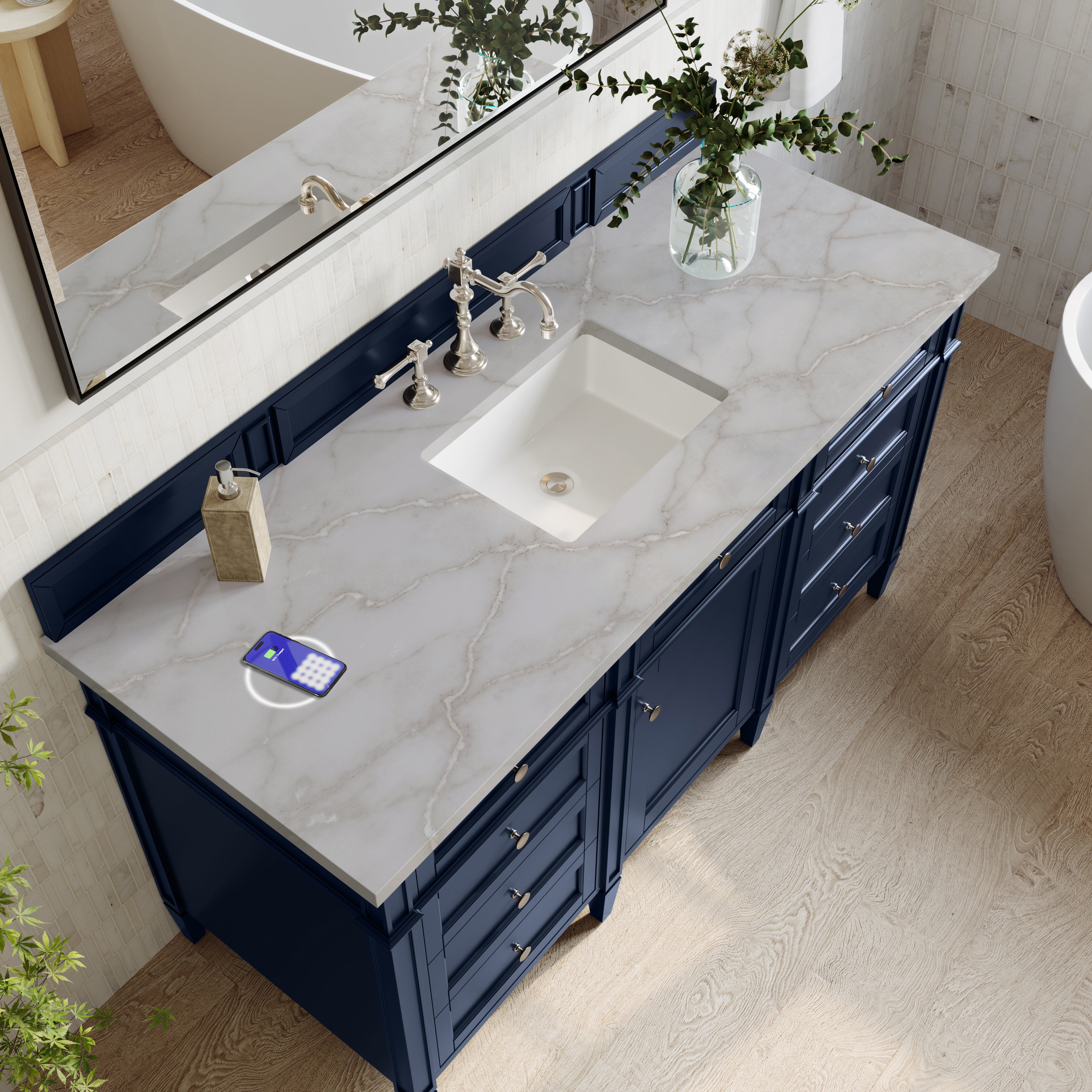 James Martin Brittany 60" Single Vanity in Victory Bleu with 3cm Countertop and FreePower Wireless Charger
