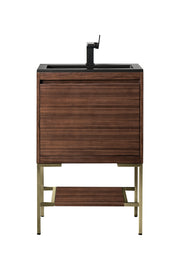James Martin Mantova 23.6" Single Vanity, Mid-Century Walnut, Champagne Brass Base with Charcoal Black Composite Stone Top