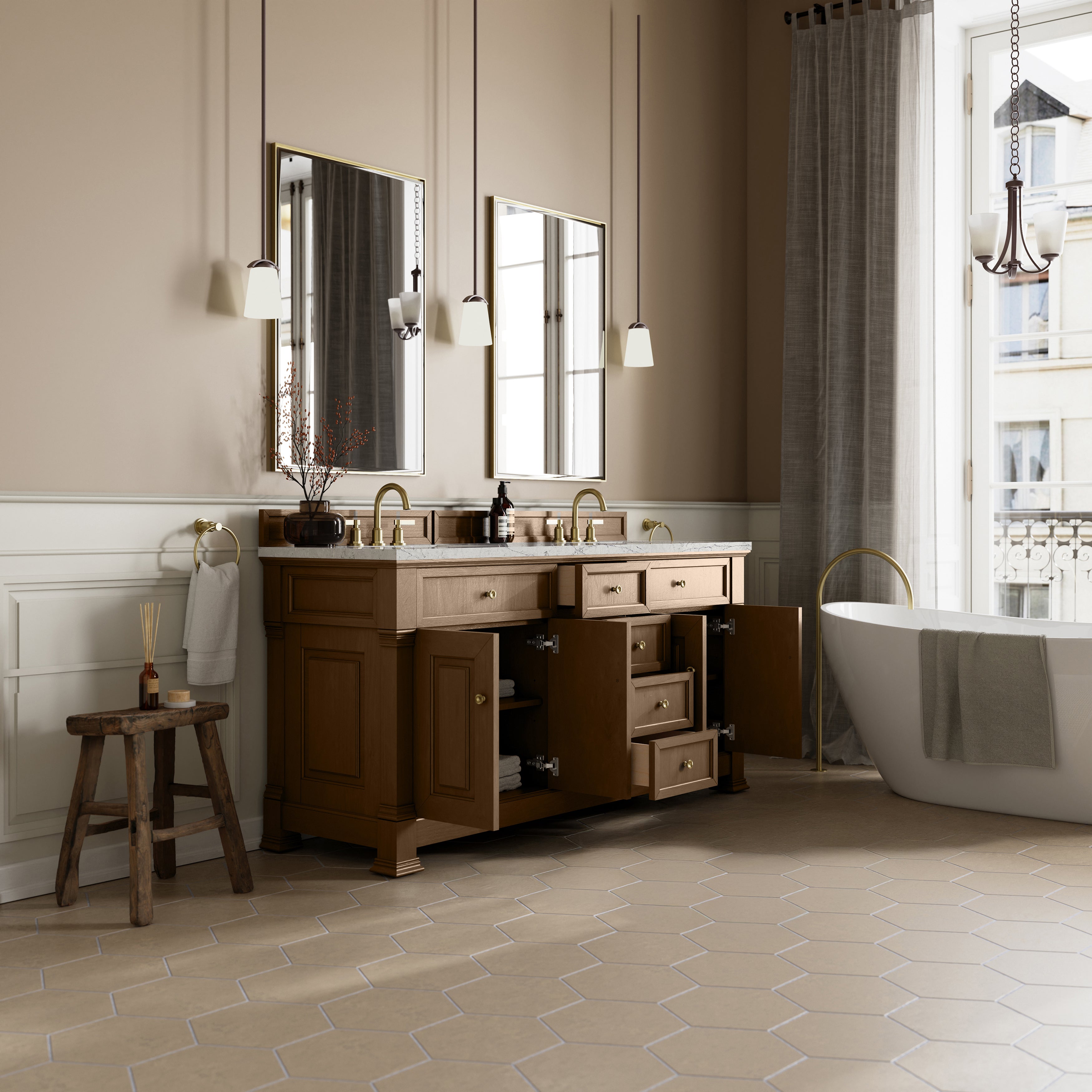 James Martin Brookfield 72" Double Vanity in Pecan with 3cm Countertop