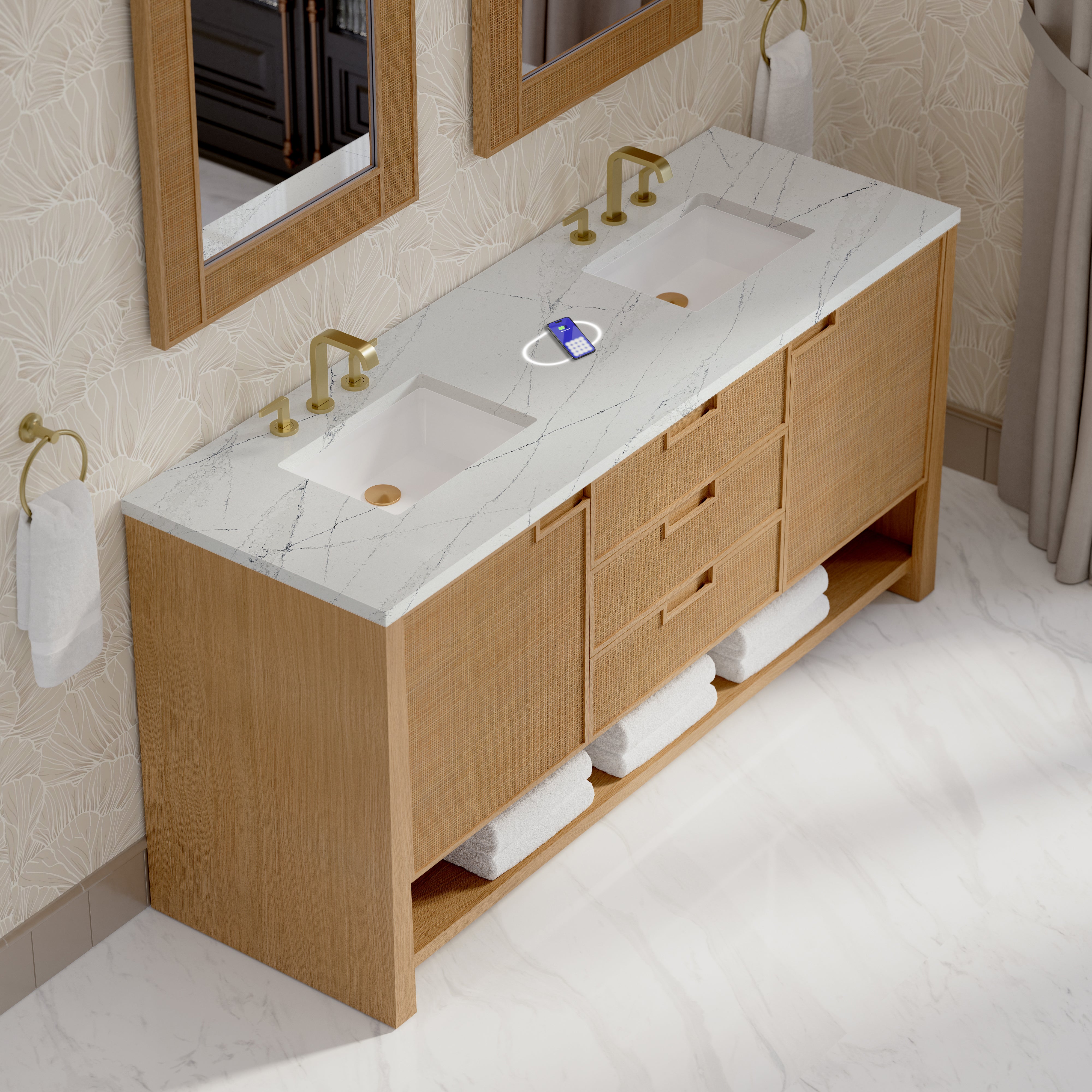 James Martin Solene 72" Double Vanity in Seaside Oak with 3cm Countertop and FreePower Wireless Charger