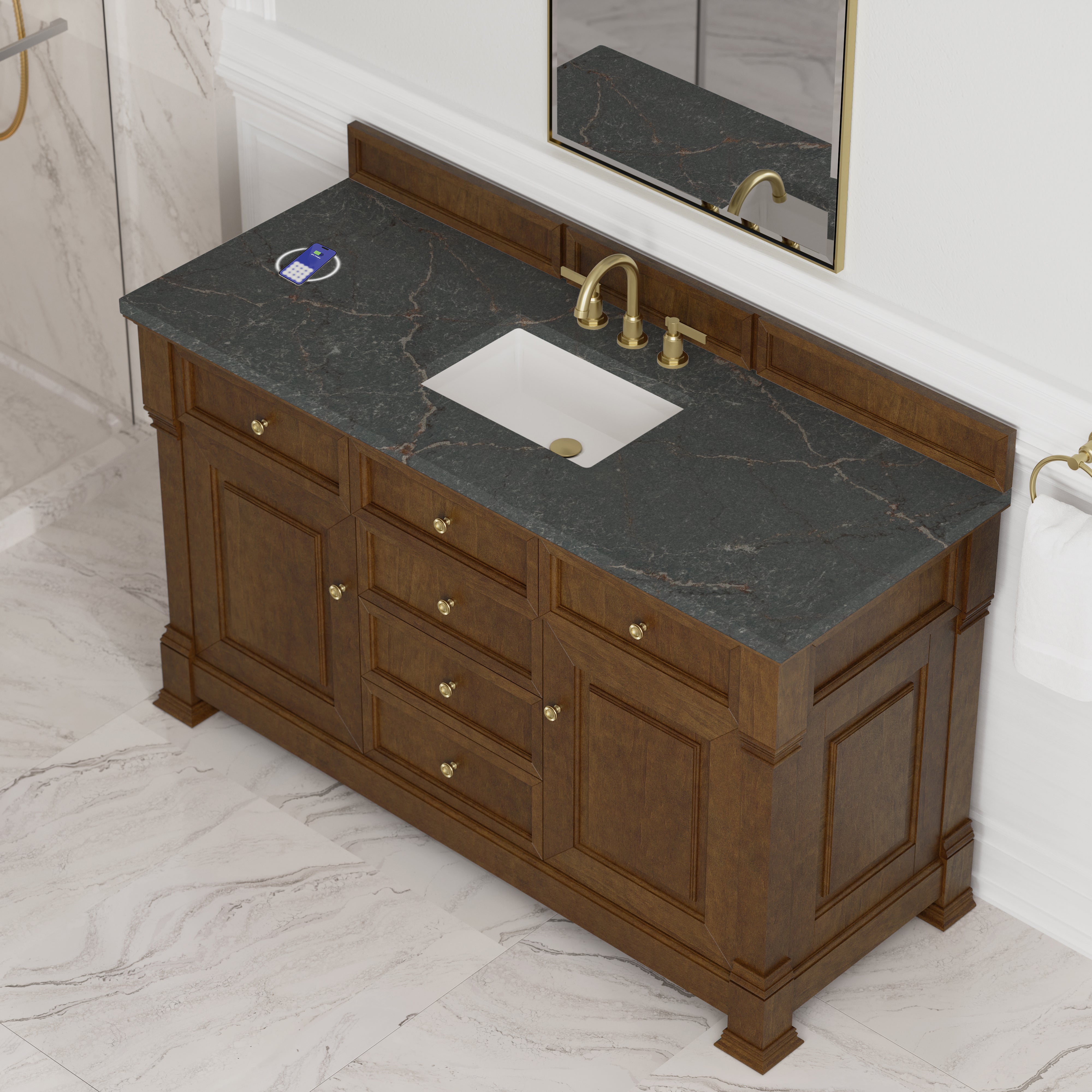 James Martin Brookfield 60" Single Vanity in Honey Oak with 3cm Countertop and FreePower Wireless Charger