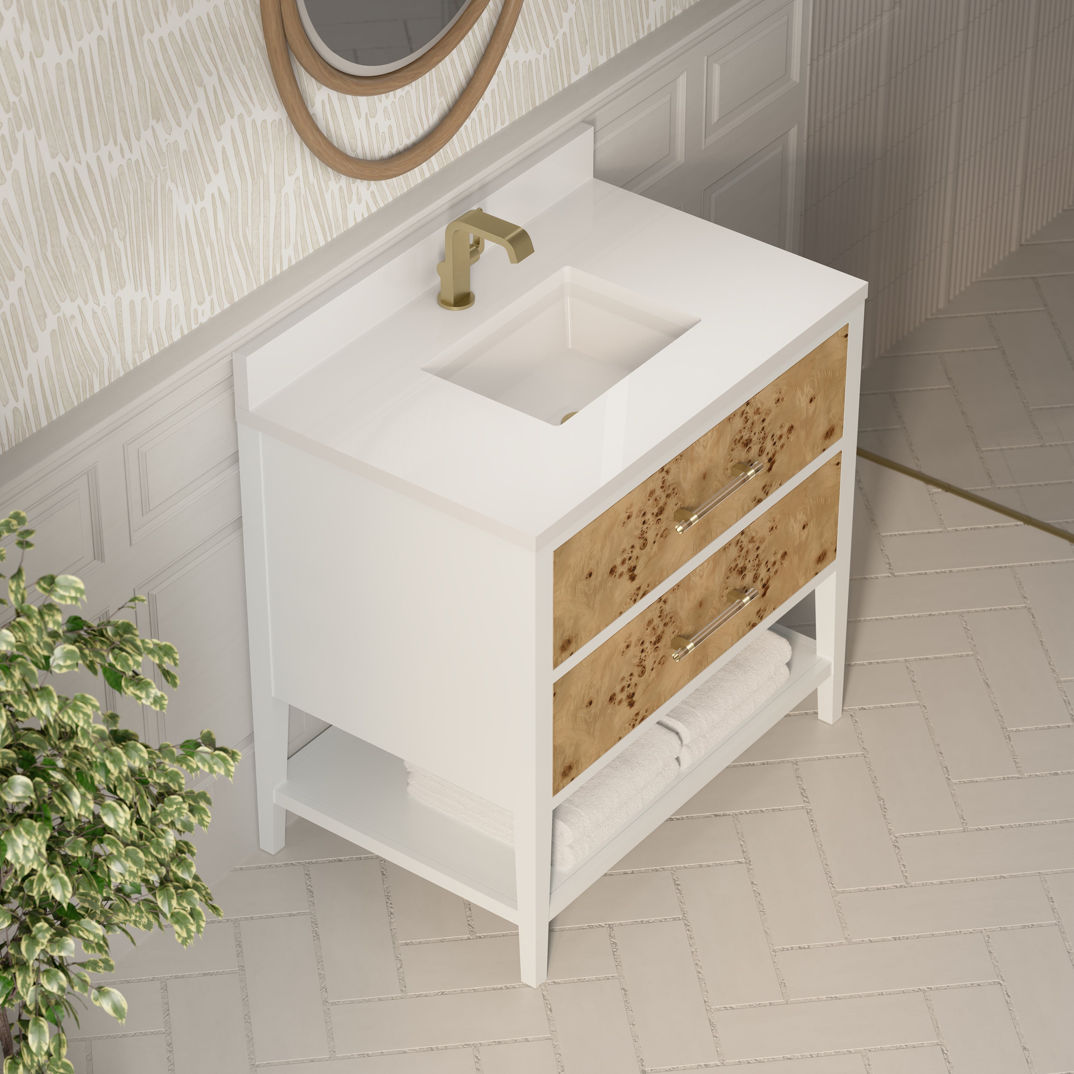 James Martin Olena 36" Single Vanity in Light Mappa Burl and Polished White with 3cm Countertop