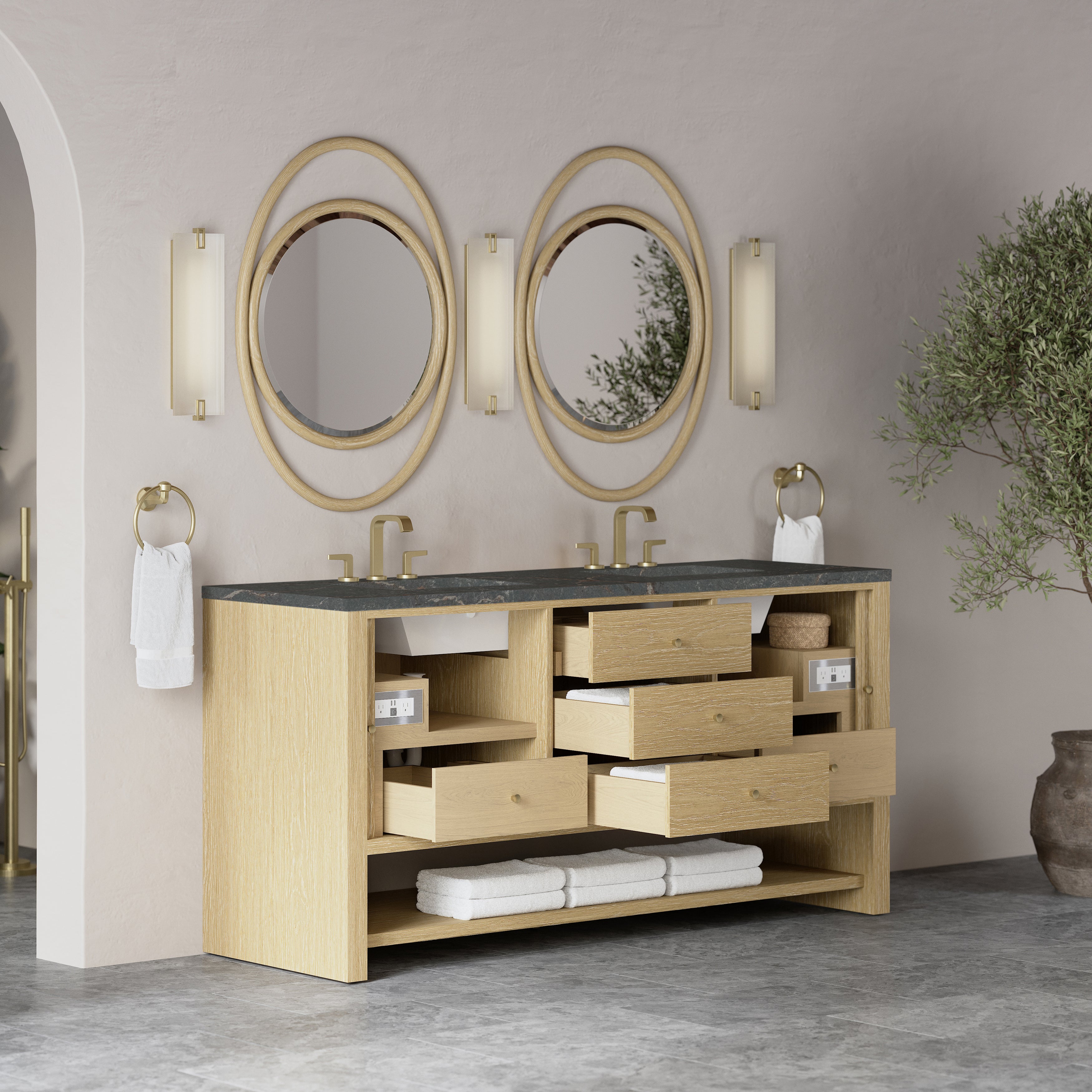 James Martin Marigot 72" Double Vanity in Sunwashed Oak with 3cm Countertop and FreePower Wireless Charger