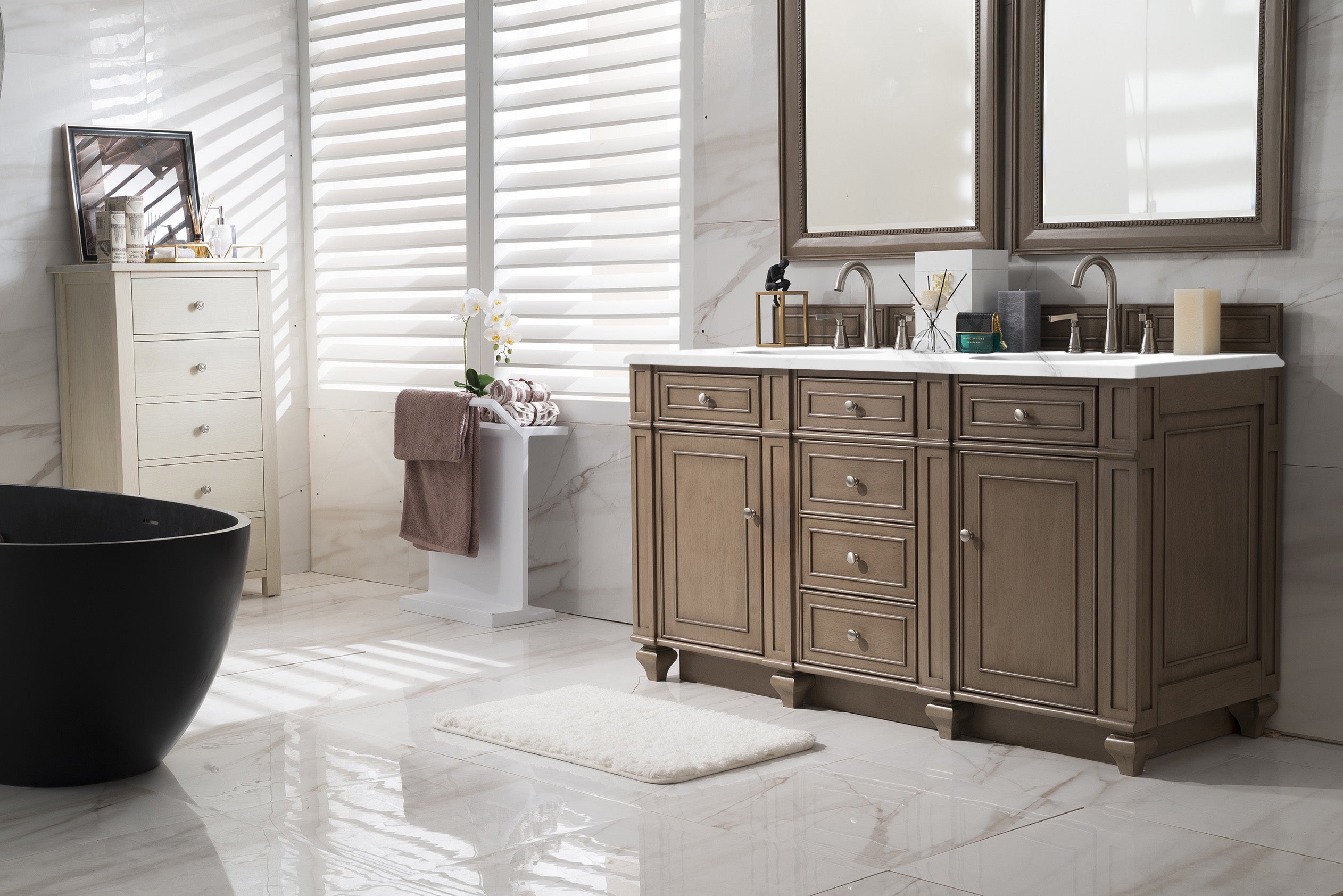 James Martin Bristol 60" Double Vanity in Whitewashed Walnut with 3cm Countertop
