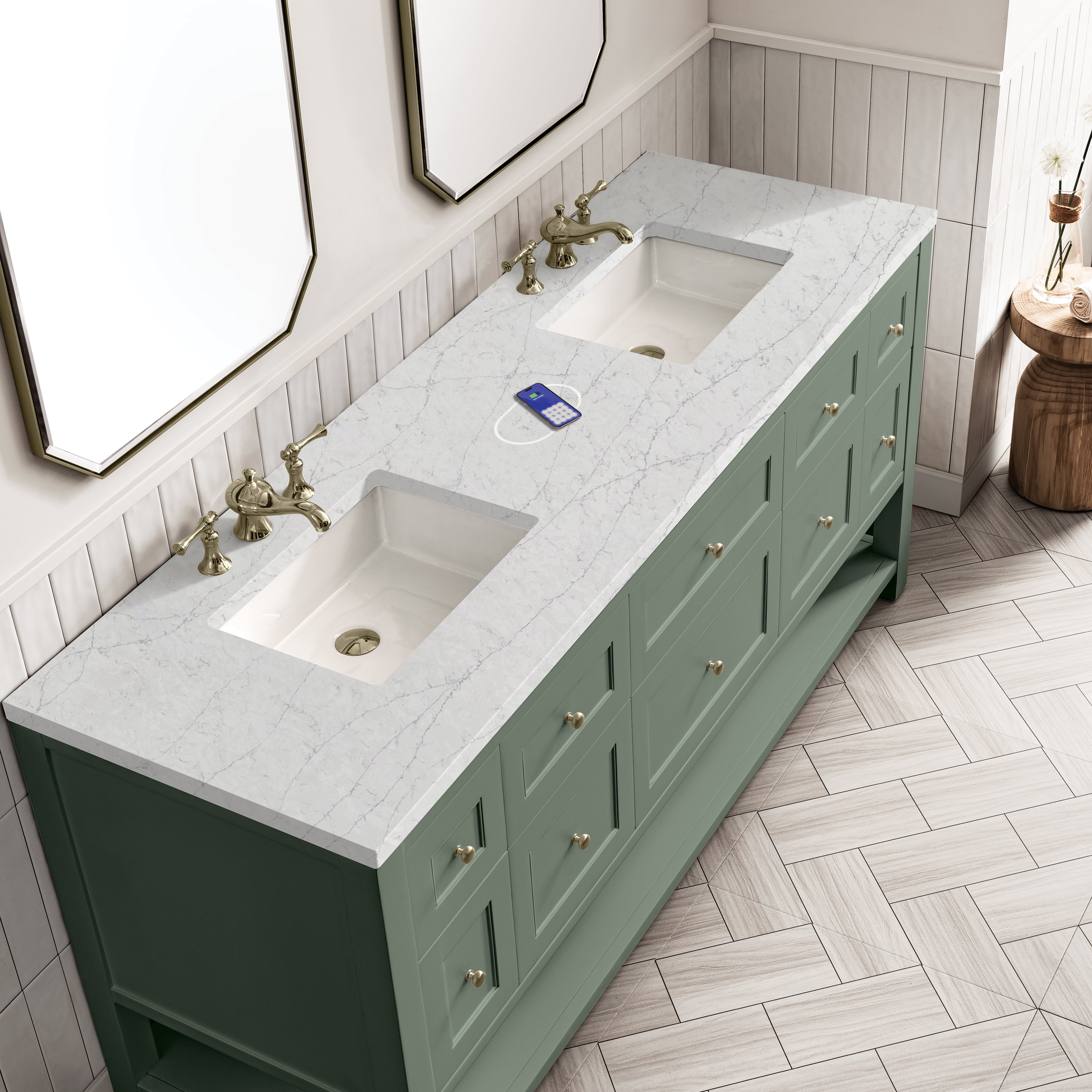 James Martin Breckenridge 72" Double Vanity in Smokey Celadon with 3cm Countertop and FreePower Wireless Charger