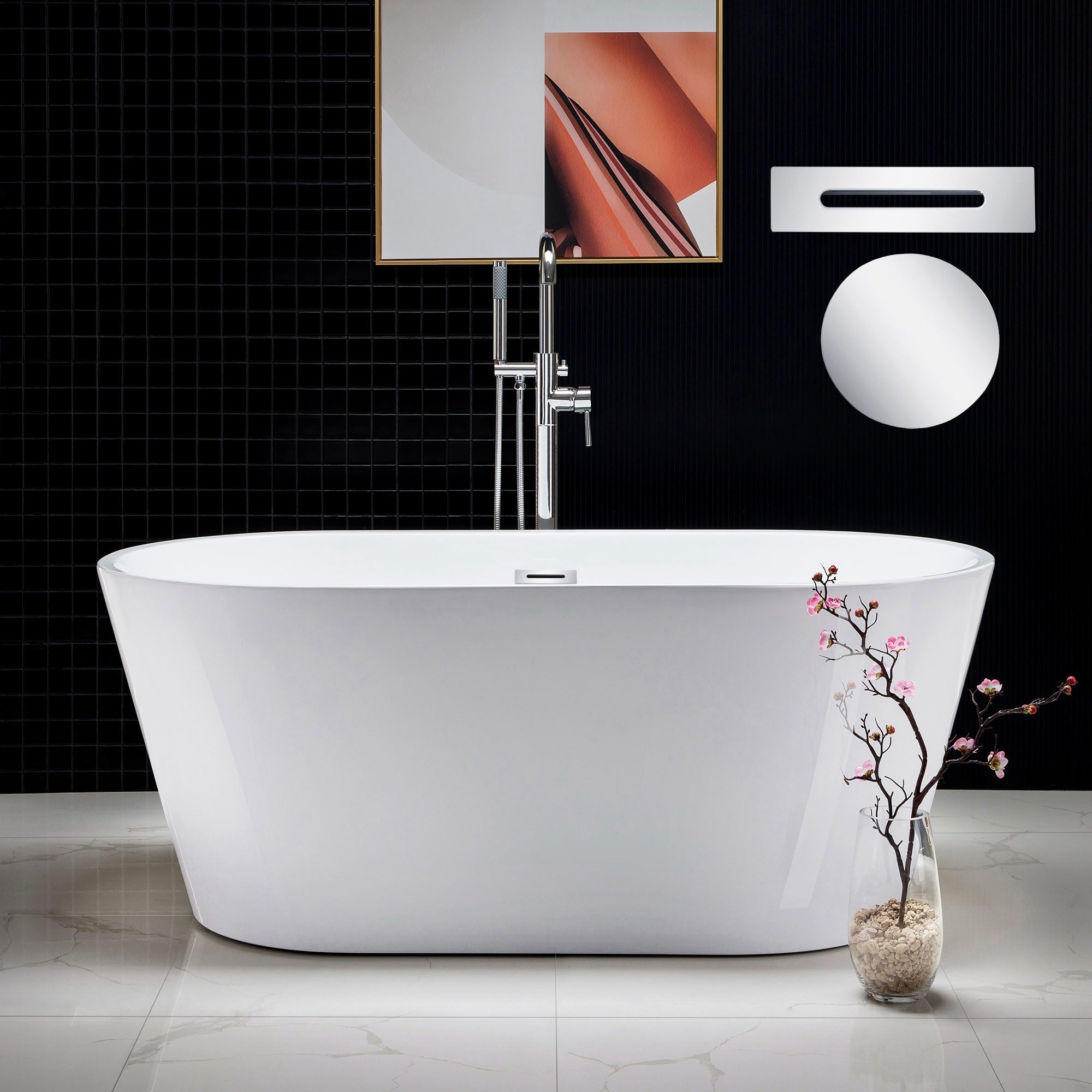 WOODBRIDGE 59" Acrylic Freestanding Bathtub Contemporary Soaking Tub with Drain & Overflow, B0014