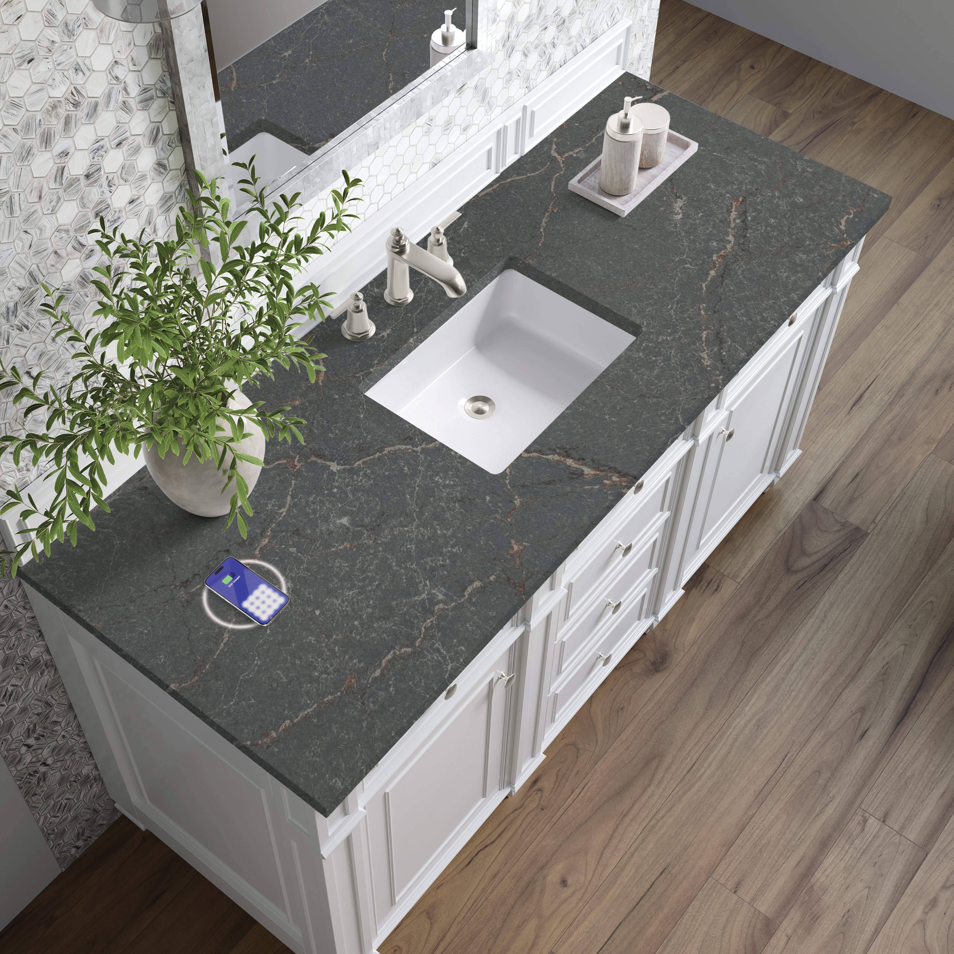 James Martin Bristol 60" Single Vanity in Bright White with 3cm Countertop and FreePower Wireless Charger